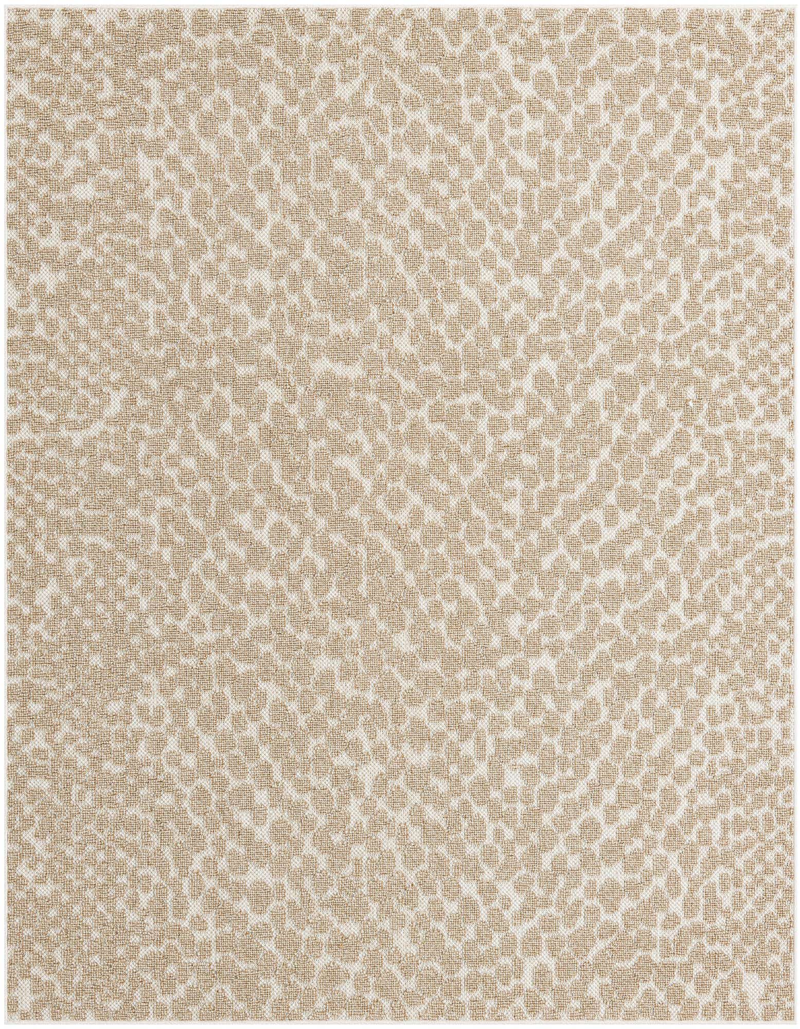 A square 7'10" x 7'10" Rugs.com Outdoor Safari rug with an abstract brown and ivory pattern, suitable for a patio.