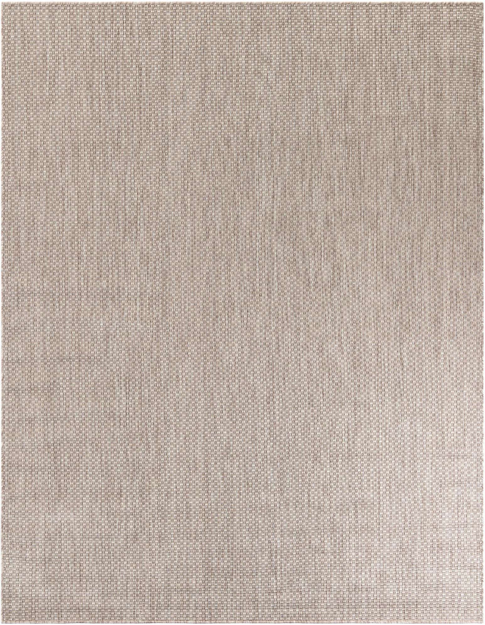 A 7'10" x 7'10" square brown and tan textured flatweave rug, suitable for indoor or outdoor use.