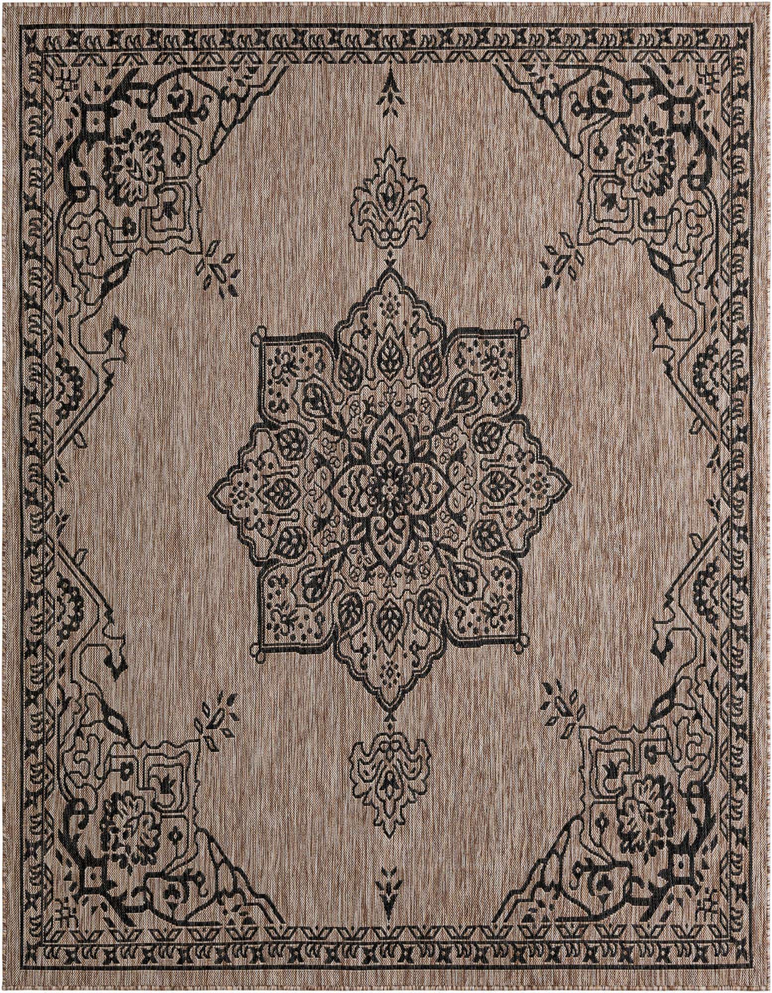 A square 7'10" x 7'10" brown and black outdoor rug with a traditional medallion pattern and border.