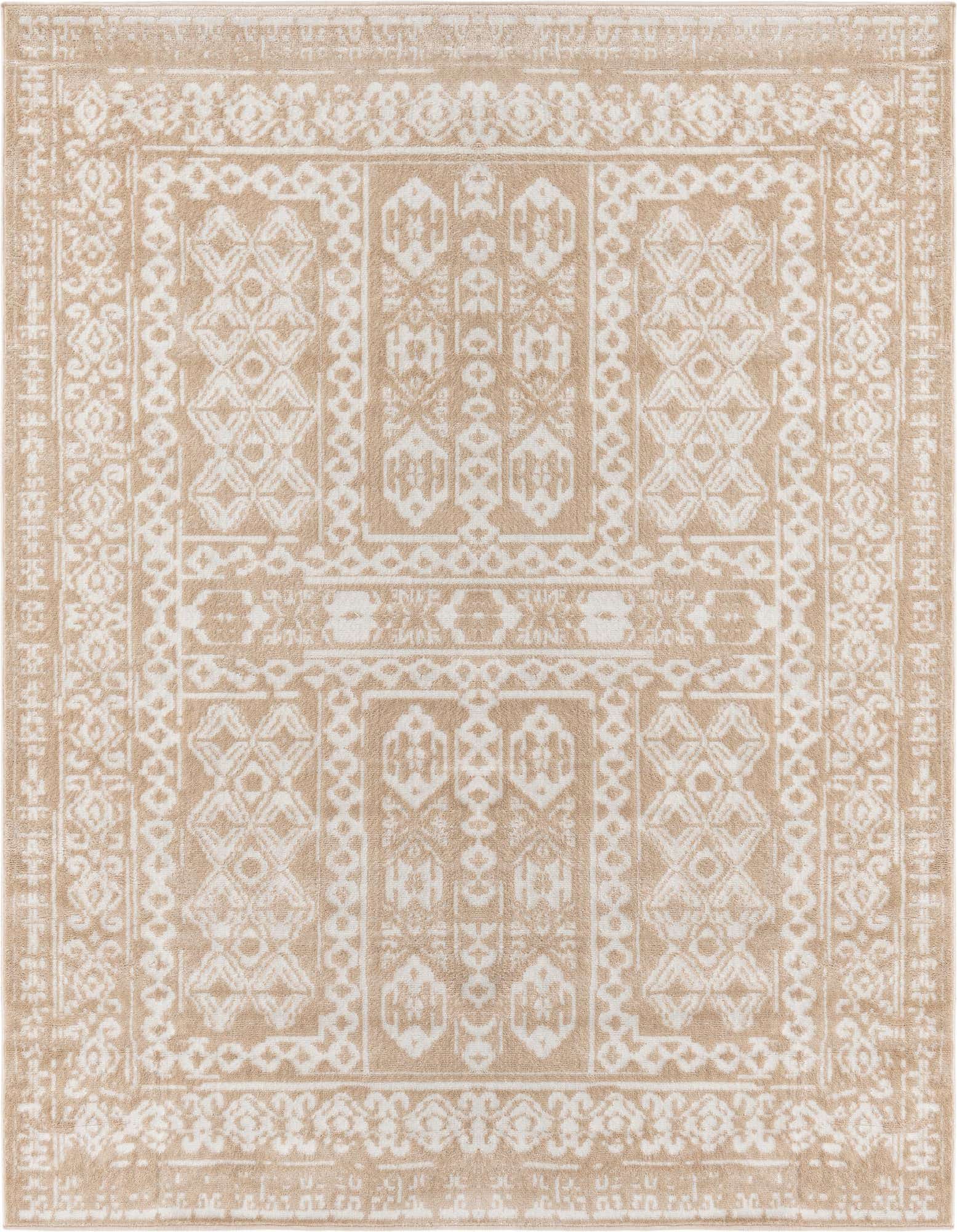 A 7' 10 x 7' 10 square Oxford Collection rug featuring a distressed bohemian tribal pattern in shades of brown and ivory.