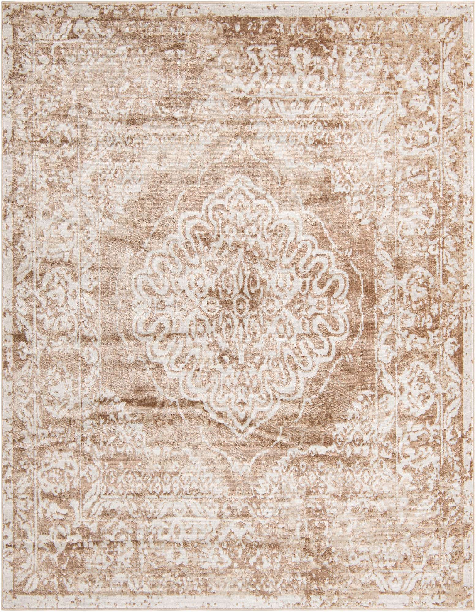 A 7' 10 x 7' 10 square Rugs.com Oxford rug featuring a distressed traditional medallion pattern in shades of brown, tan, and ivory.