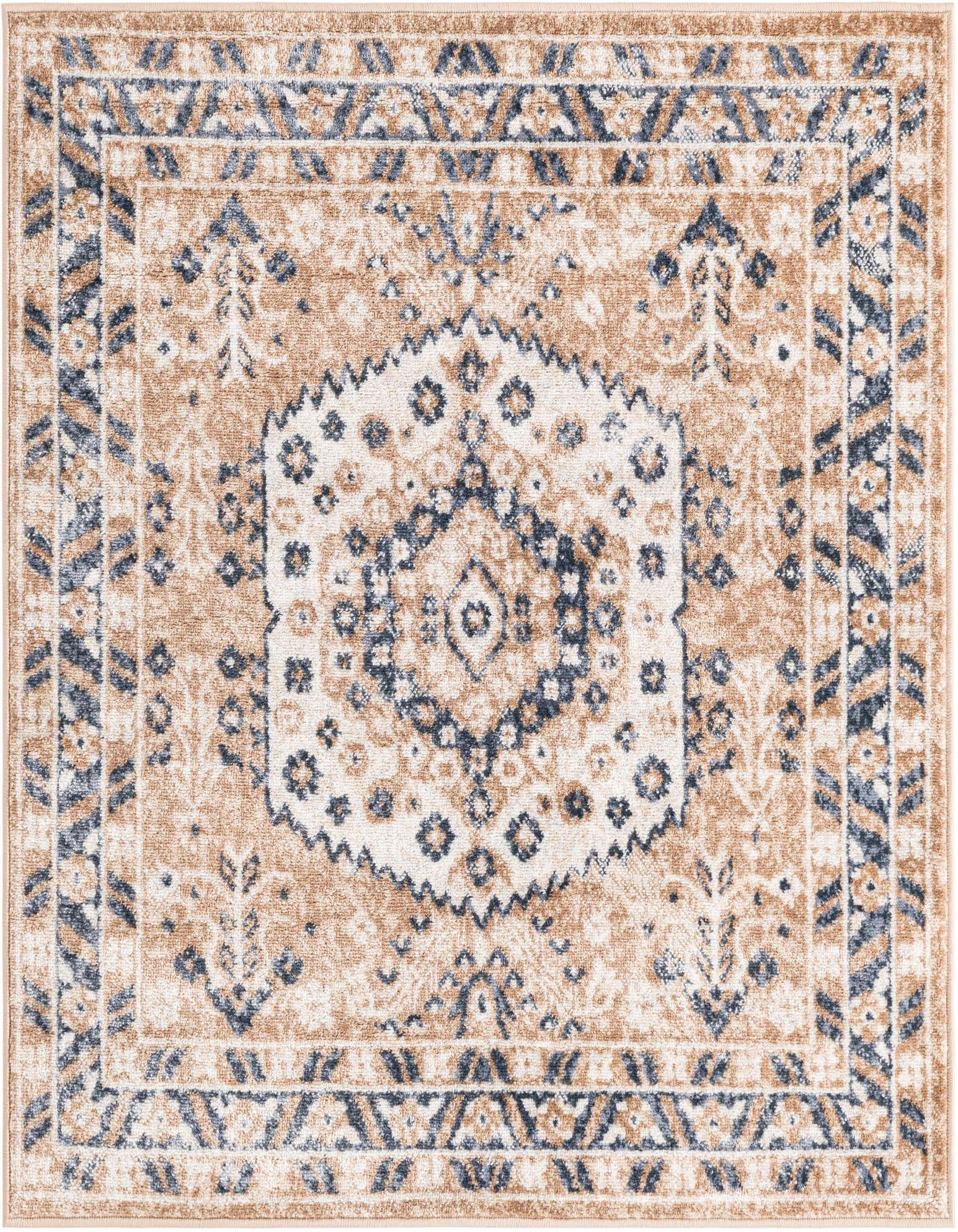 A 4'x4' square Oxford collection rug featuring a distressed medallion pattern in brown, tan, and ivory.