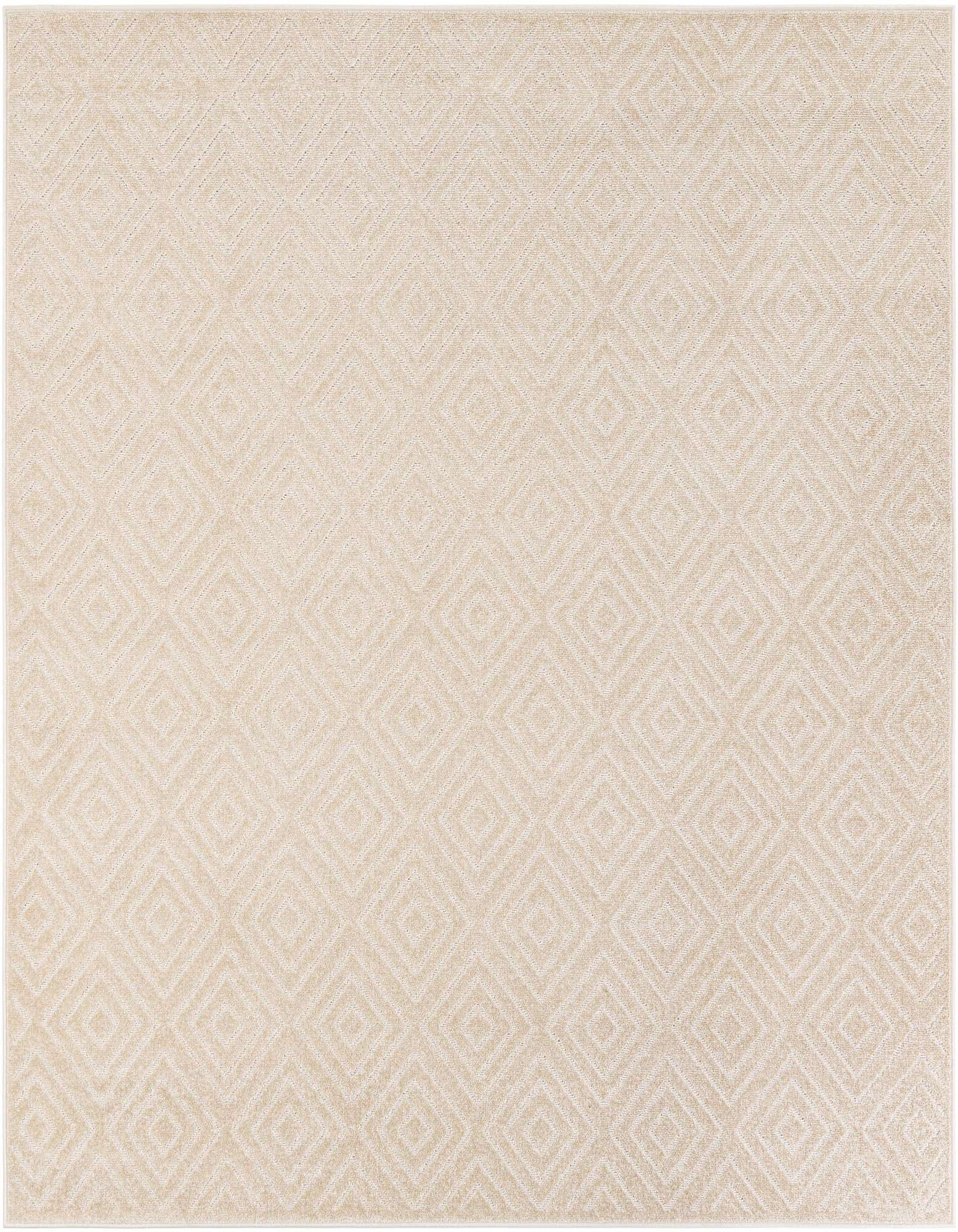 A 7' 10 x 7' 10 square indoor/outdoor rug in a light tan and ivory abstract diamond pattern, suitable for a patio.