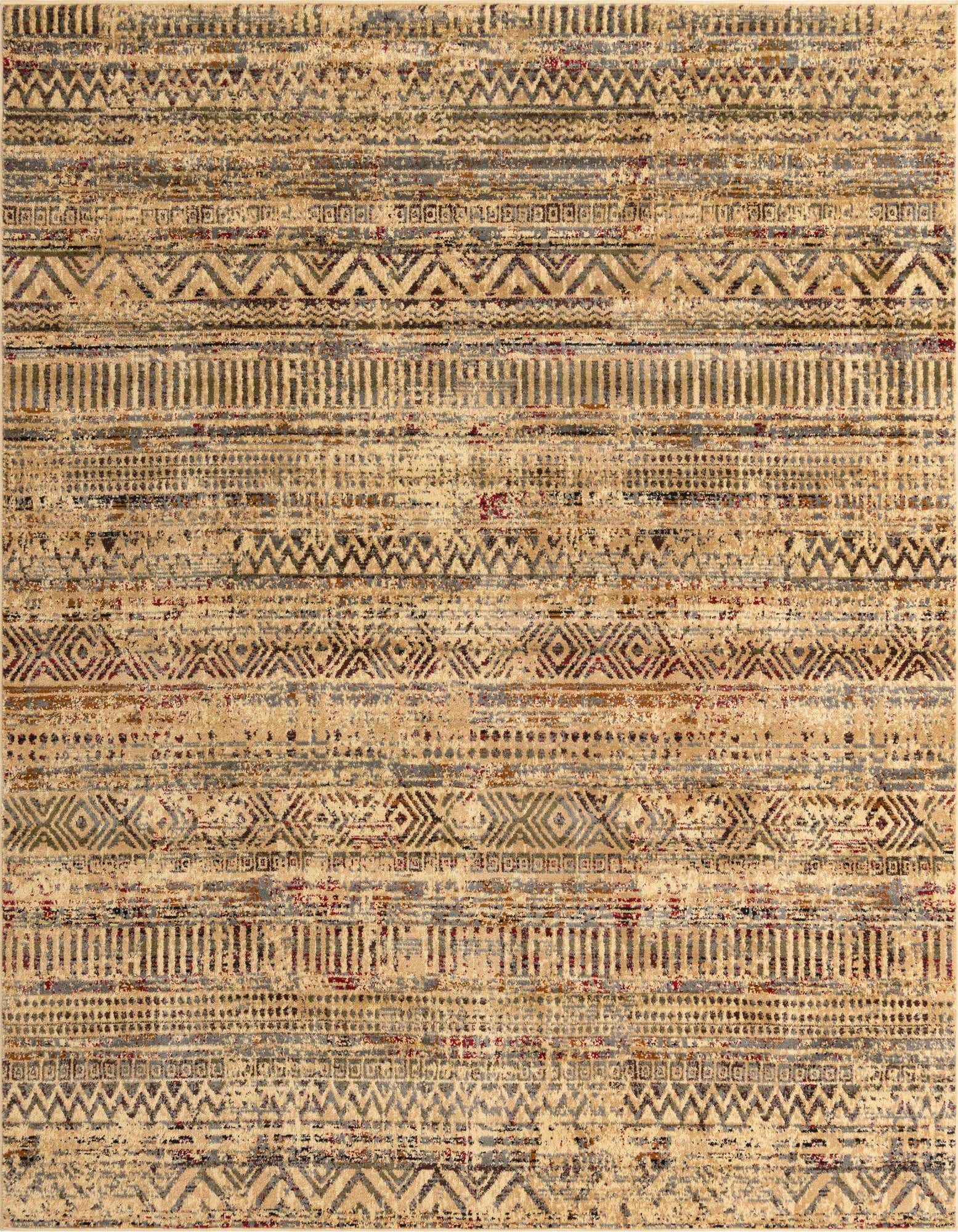A 7' 10 x 7' 10 square Rugs.com Saturn rug featuring a distressed tribal stripe pattern in browns, tans, and creams.