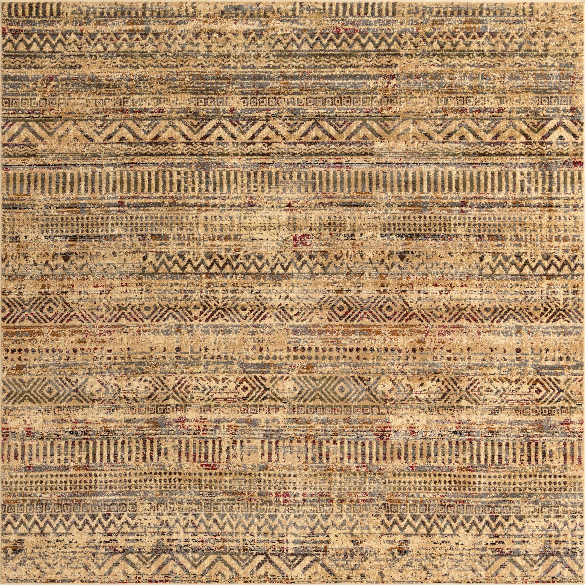 A 7' 10 x 7' 10 square Rugs.com Saturn rug featuring a distressed tribal stripe pattern in browns, tans, and creams.