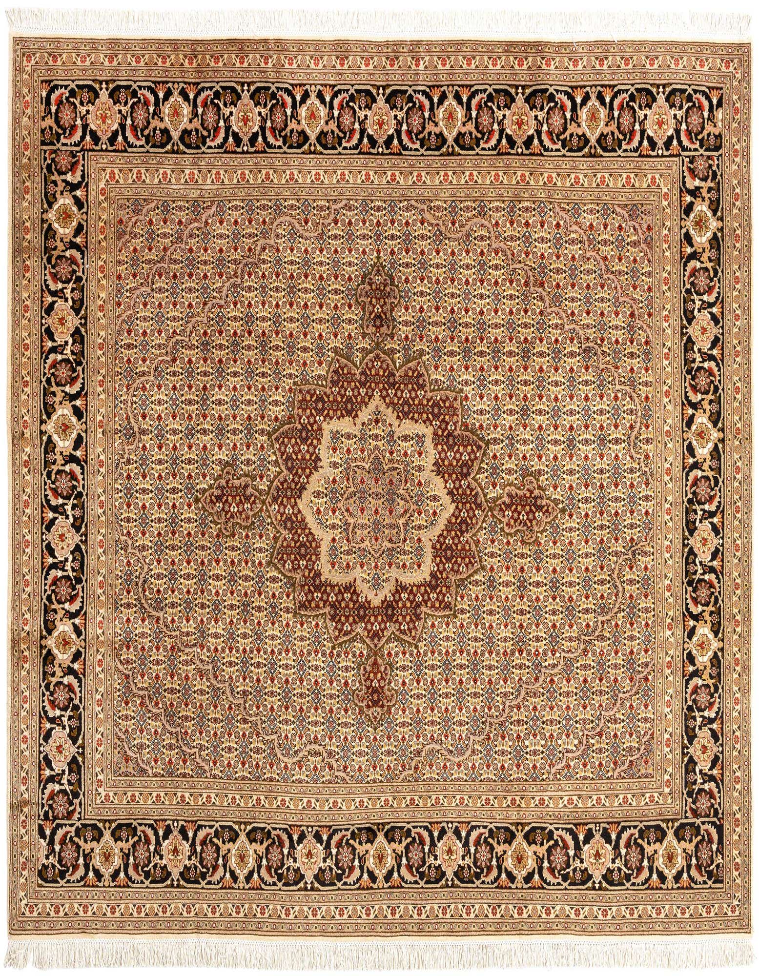A handmade 7' 11 x 8' 3 square Persian Tabriz rug featuring a central medallion and intricate floral patterns in browns, tans, and ivories.