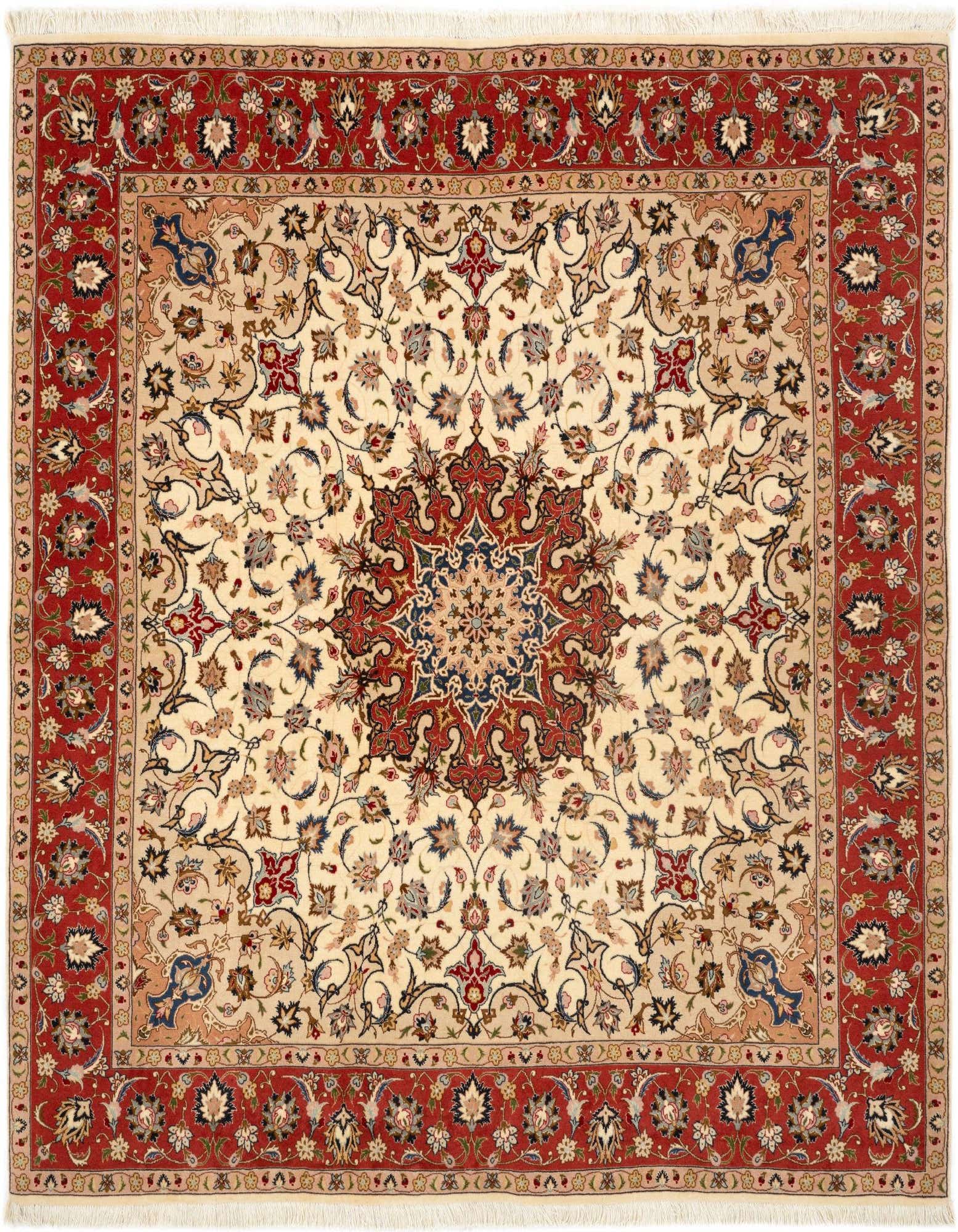 A square 6' 5 x 6' 9 Persian rug with a cream field, red border, and intricate floral medallion pattern.