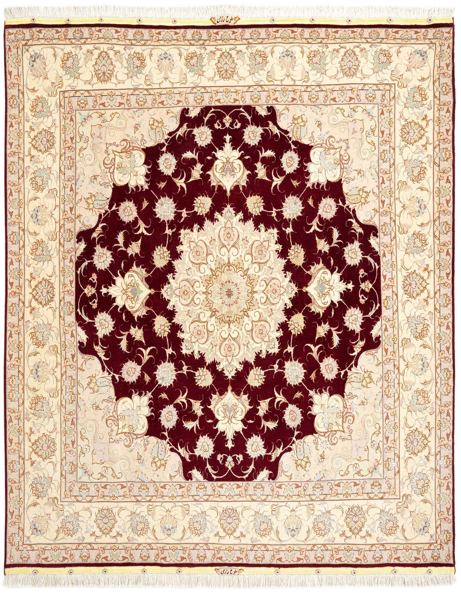 A square 6' 8 x 7' 2 Persian rug with a rich brown medallion and ivory border, featuring intricate floral patterns.