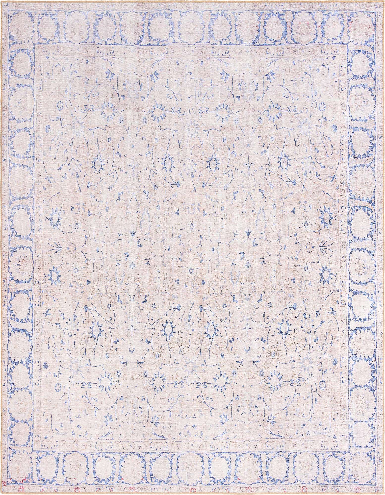 A 7' 6 x 7' 6 square flatweave rug with a faded ivory and tan botanical pattern, bordered by a distressed blue floral design.