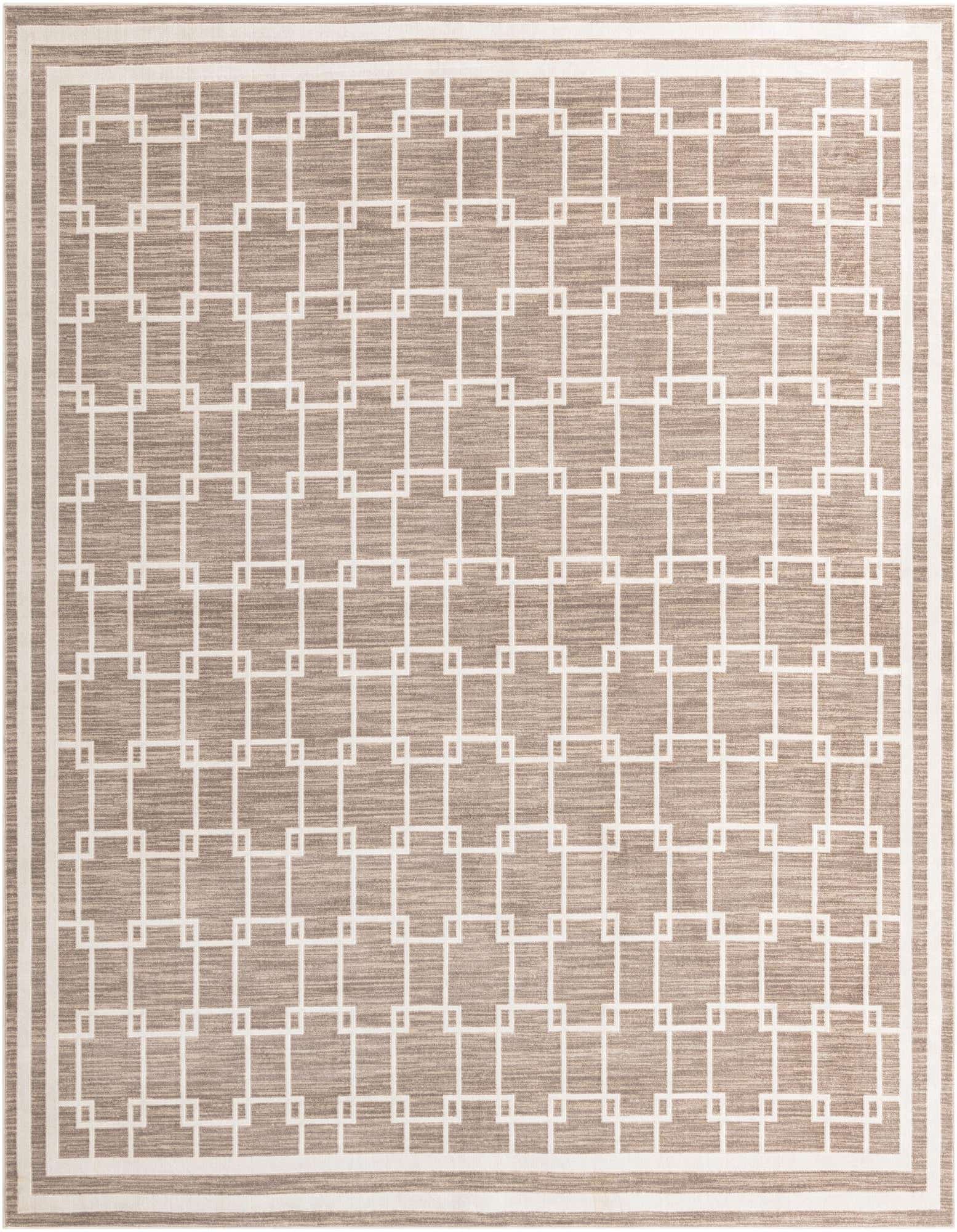A 10'x10' square brown and ivory modern area rug with a repeating geometric square pattern and border.