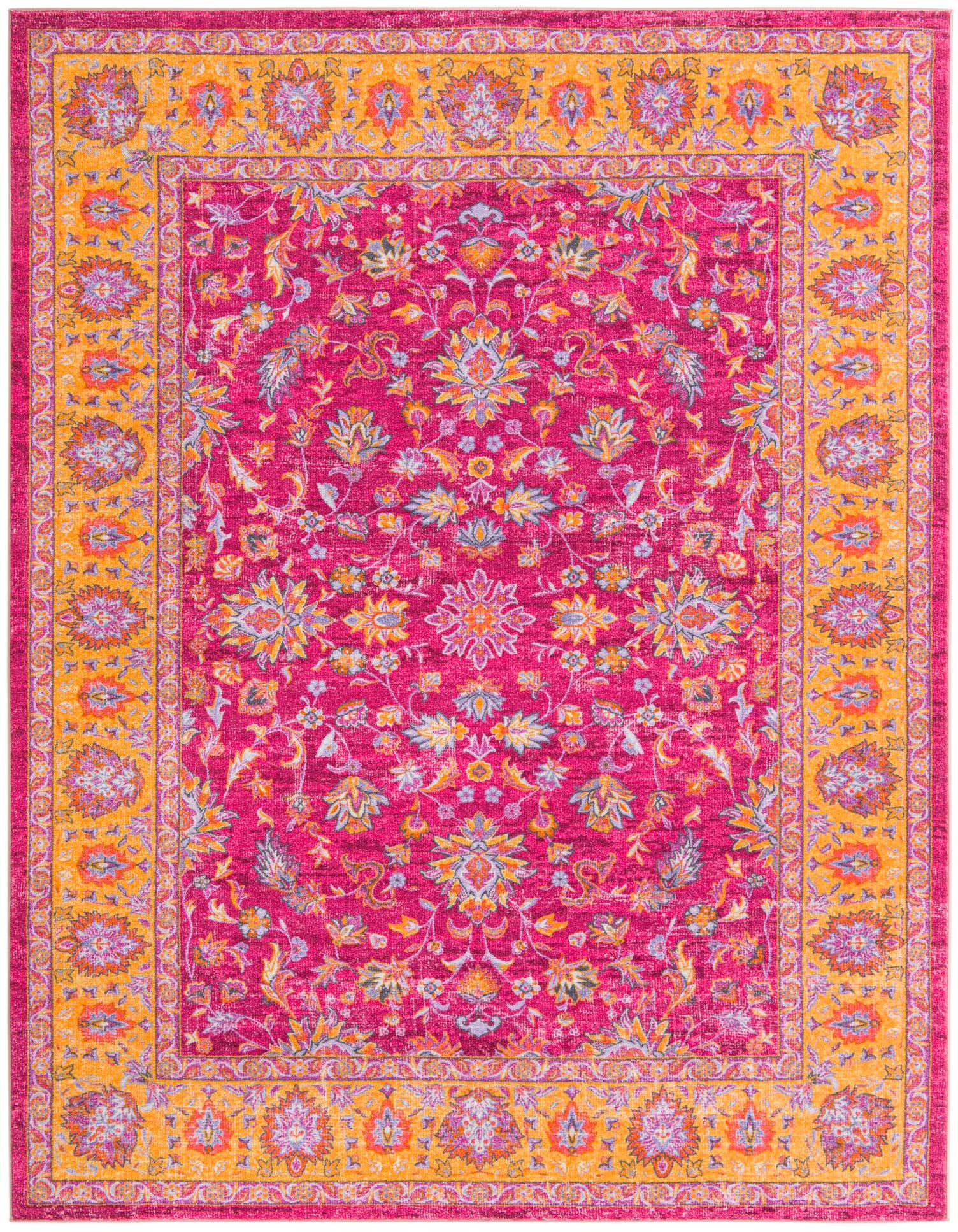 A vibrant 8x10 rectangular Medina rug featuring a traditional floral pattern in shades of fuchsia, pink, orange, and purple.