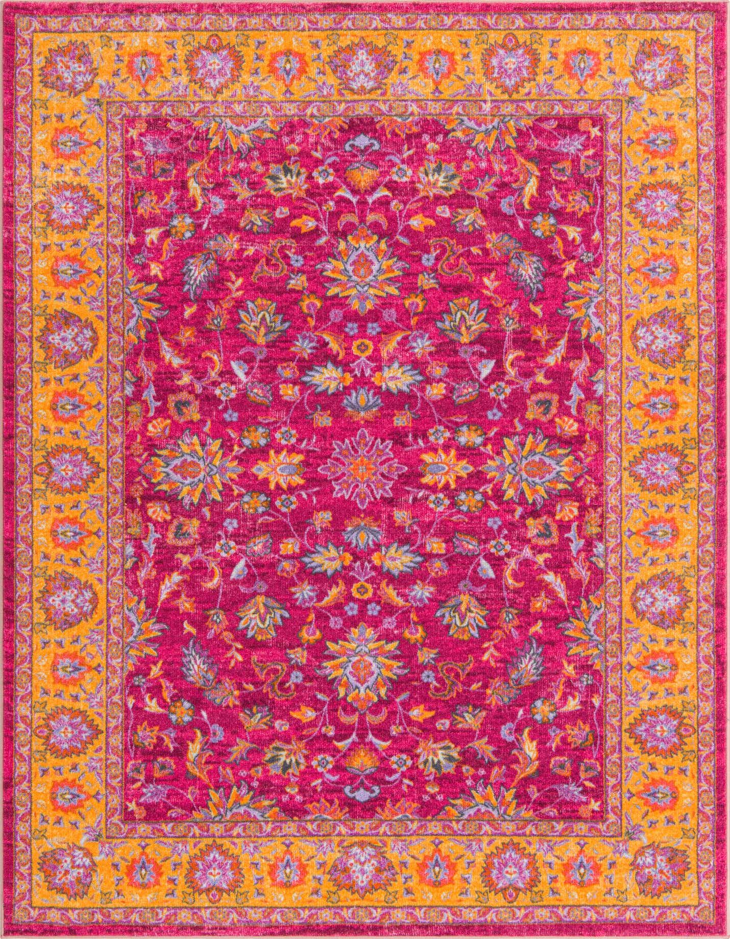 A vibrant 6x9 rectangular Medina rug featuring a traditional floral pattern in shades of pink, purple, and orange.