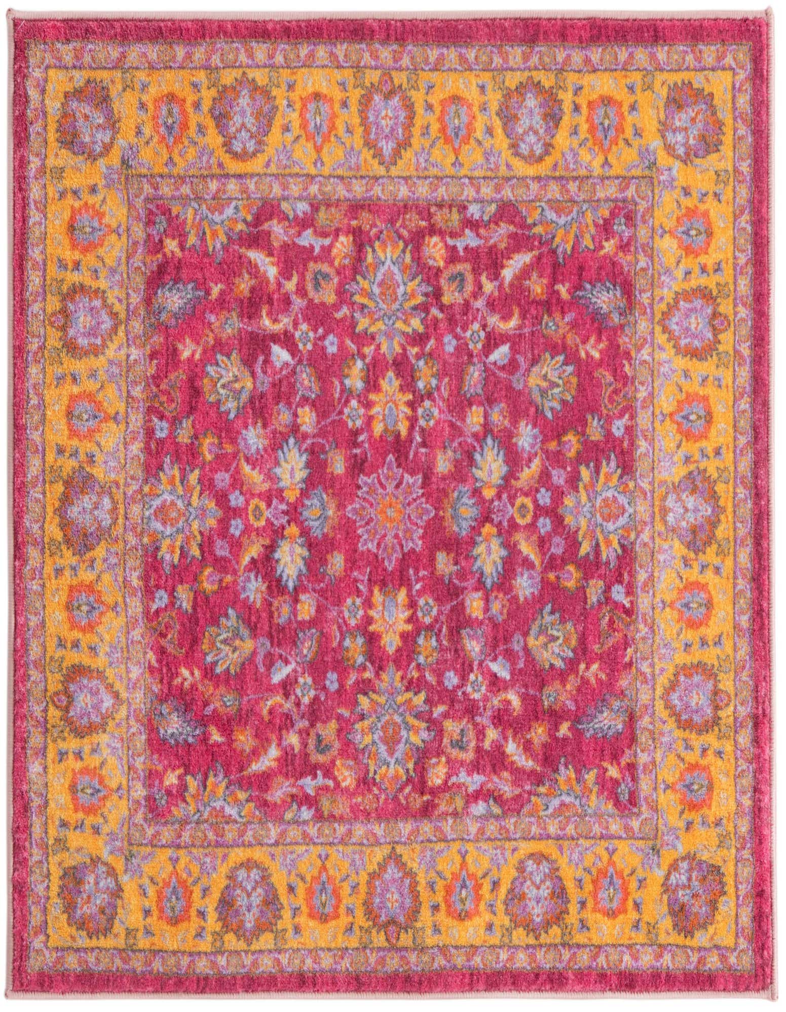 A vibrant 3' 3 x 3' 3 square Medina rug featuring a traditional floral pattern in shades of pink, purple, and orange.