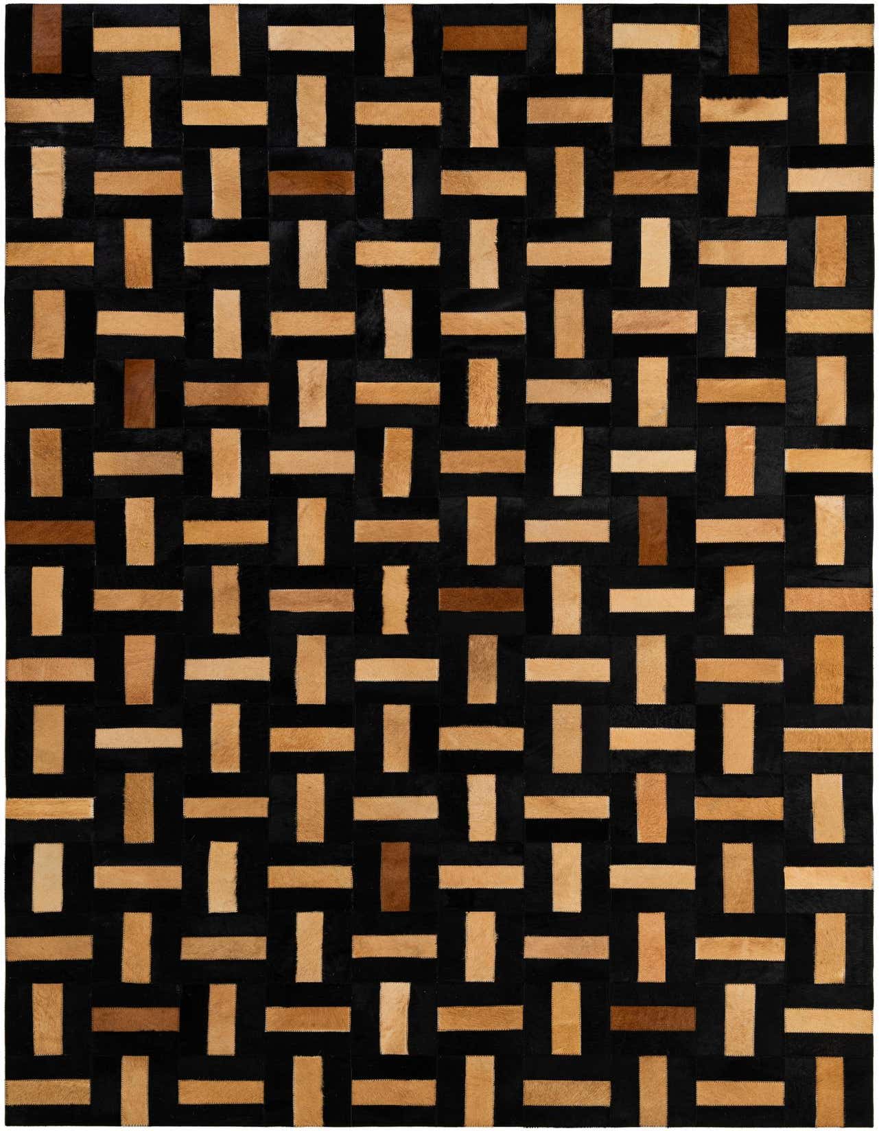 A 5x8 rectangular black and light brown cowhide rug with a modern patchwork basketweave pattern.