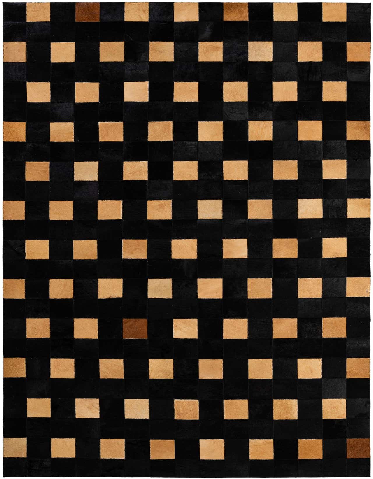 A 5x8 rectangular black and light brown cowhide rug with a modern checkerboard patchwork pattern, ideal for a living room.