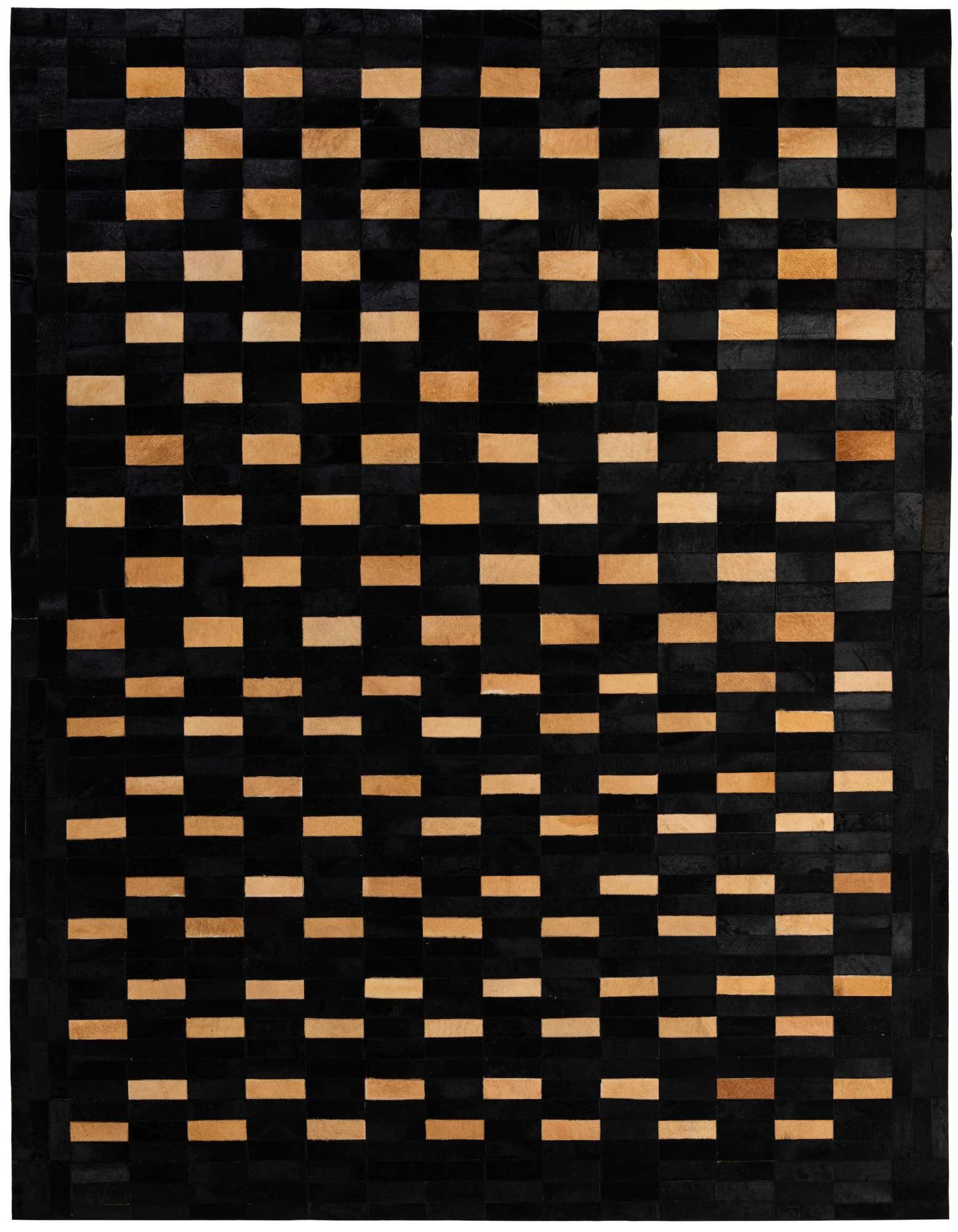 A rectangular 8x10 black and tan cowhide rug with a modern stripe patchwork pattern, ideal for a living room.