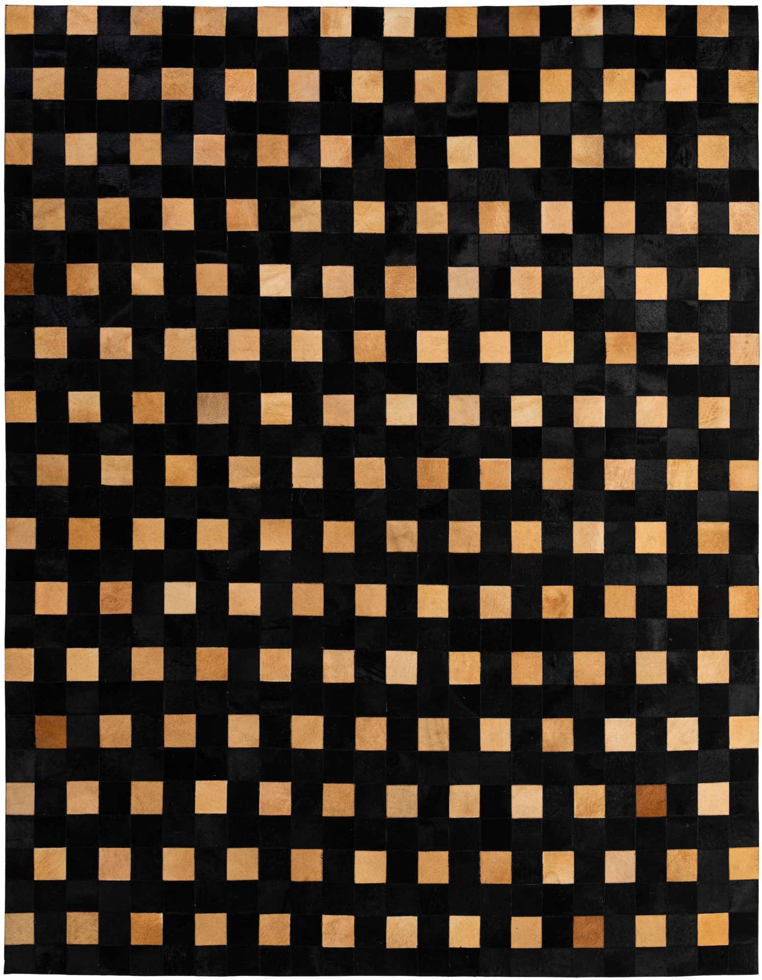 A rectangular 8x10 black and tan cowhide rug with a modern checkerboard patchwork pattern, suitable for a living room.