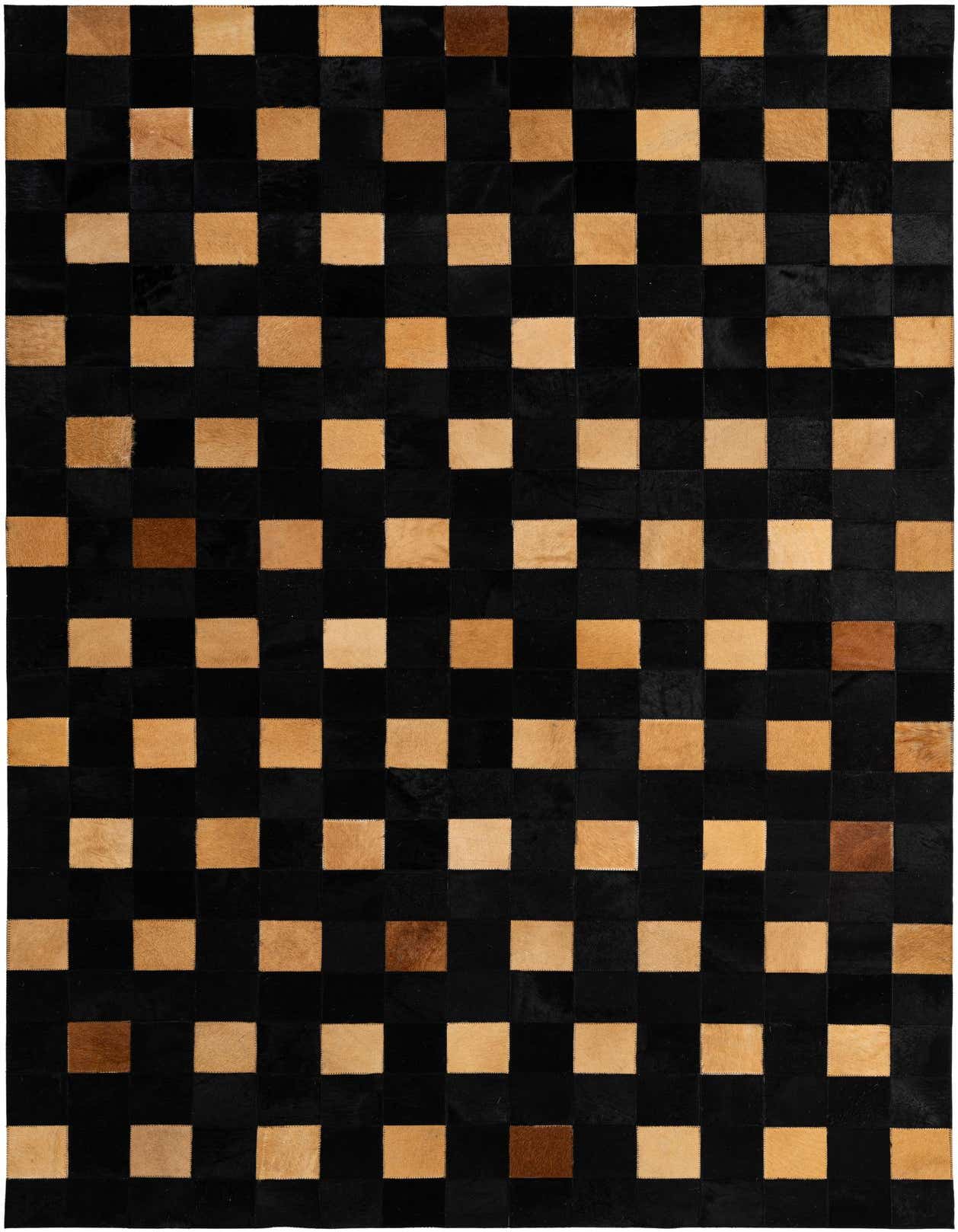 A 5x8 rectangular black and tan patchwork cowhide rug with a modern checkerboard pattern.