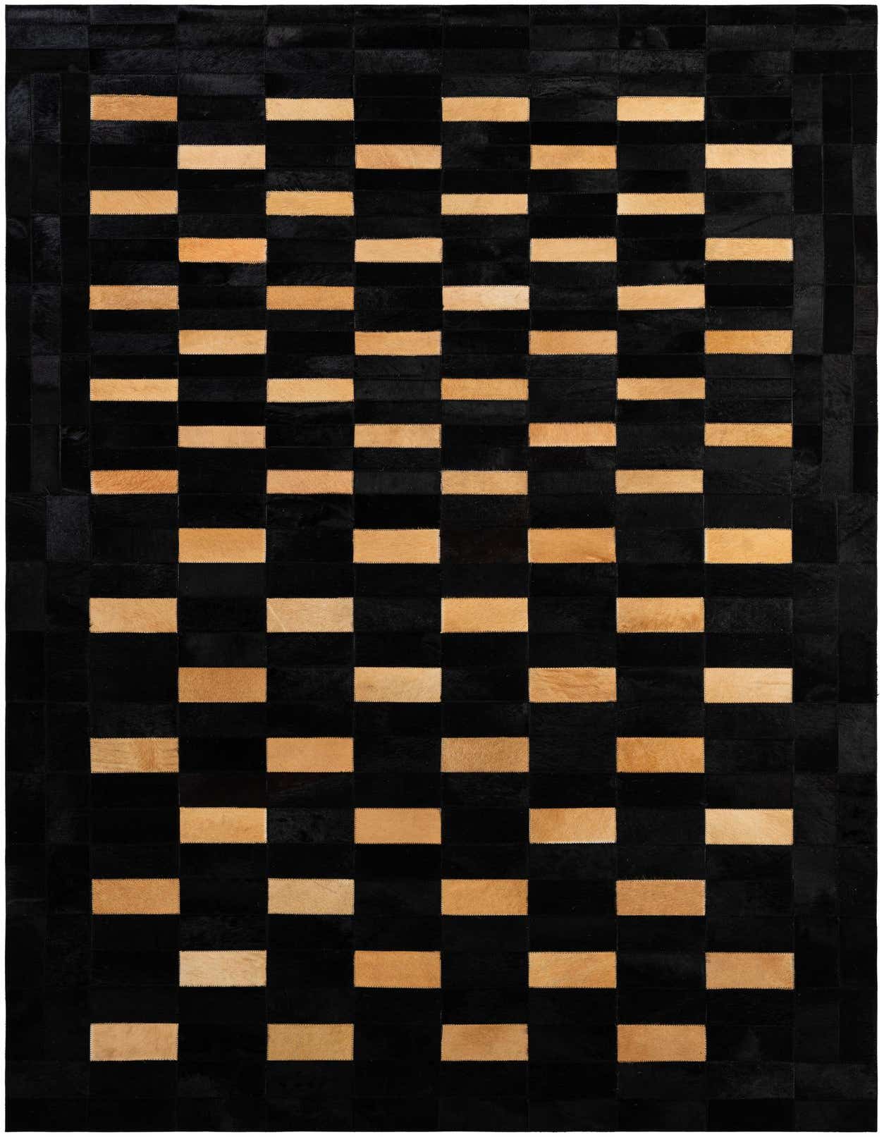 A 5x8 rectangular black and tan cowhide rug with a modern striped patchwork pattern, suitable for a living room.
