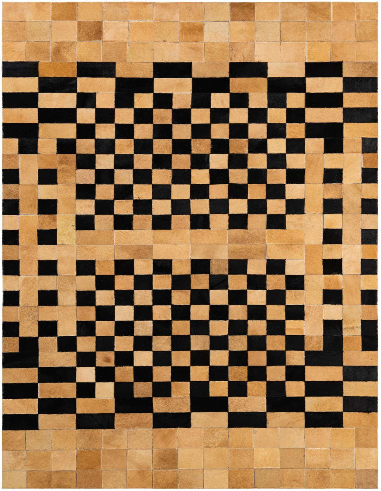A 5x8 rectangular black and tan cowhide rug with a modern patchwork checkerboard pattern, suitable for a living room.