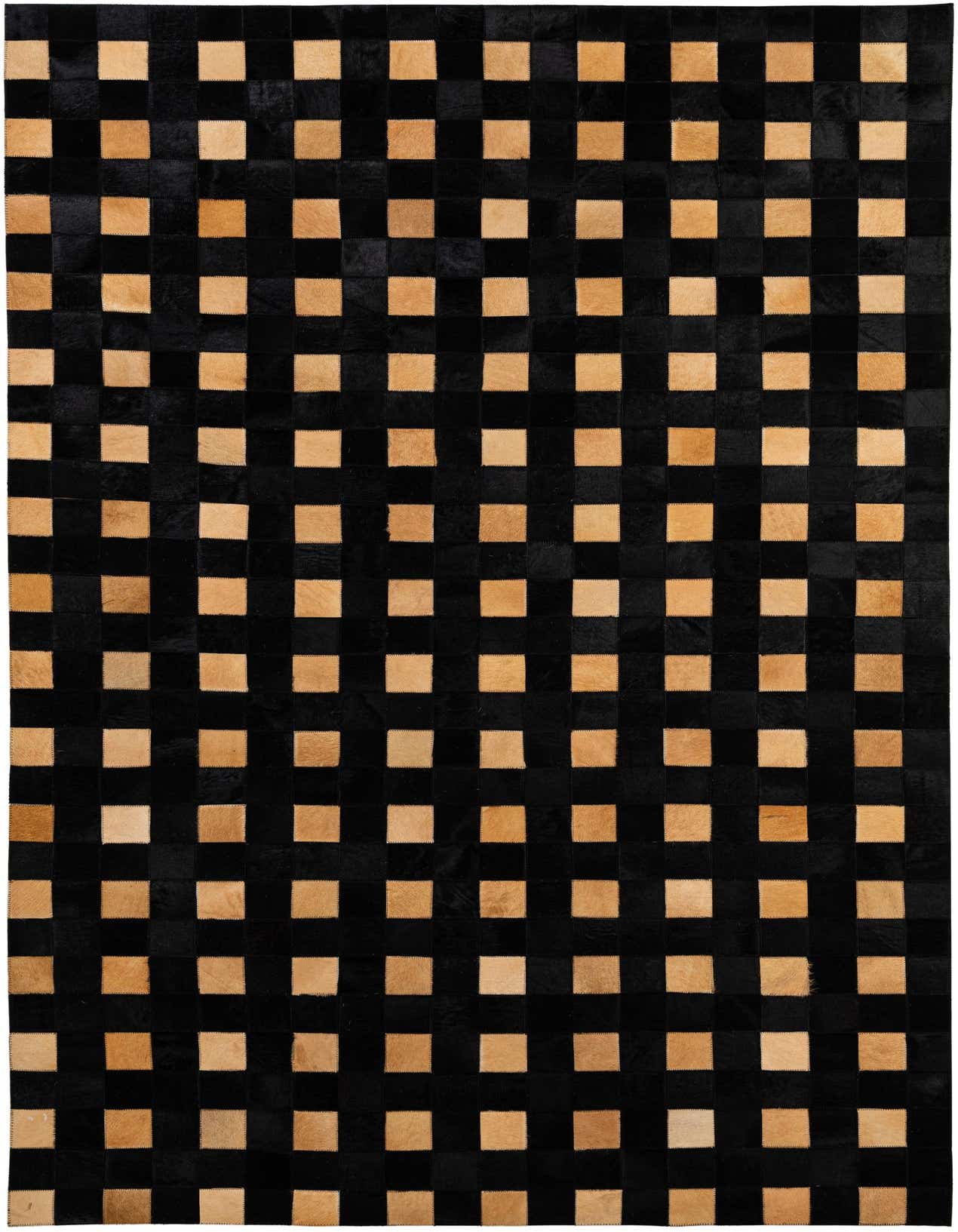A 5x8 rectangular black and beige modern patchwork cowhide rug, featuring a checkerboard pattern.