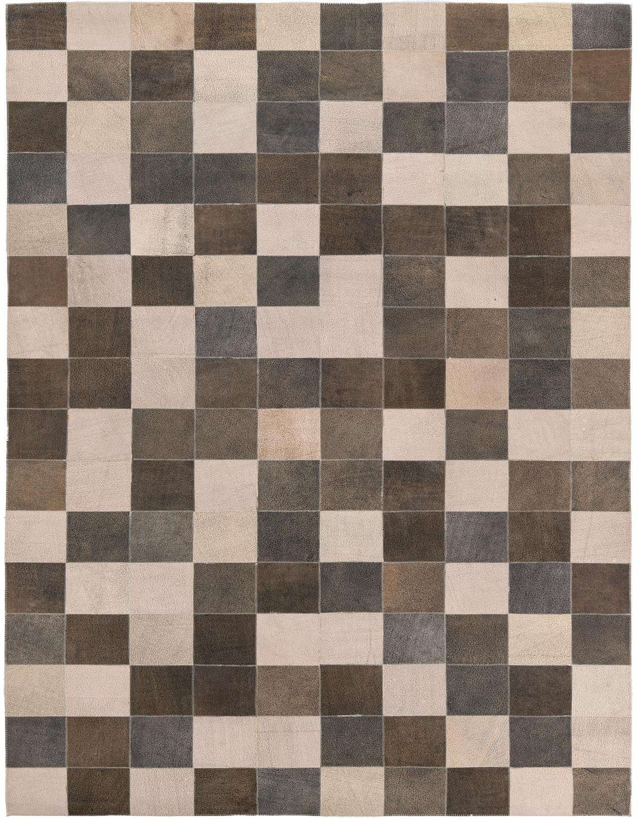 A 5x8 rectangular black and off-white cowhide leather rug with a modern checkerboard pattern, suitable for a living room.
