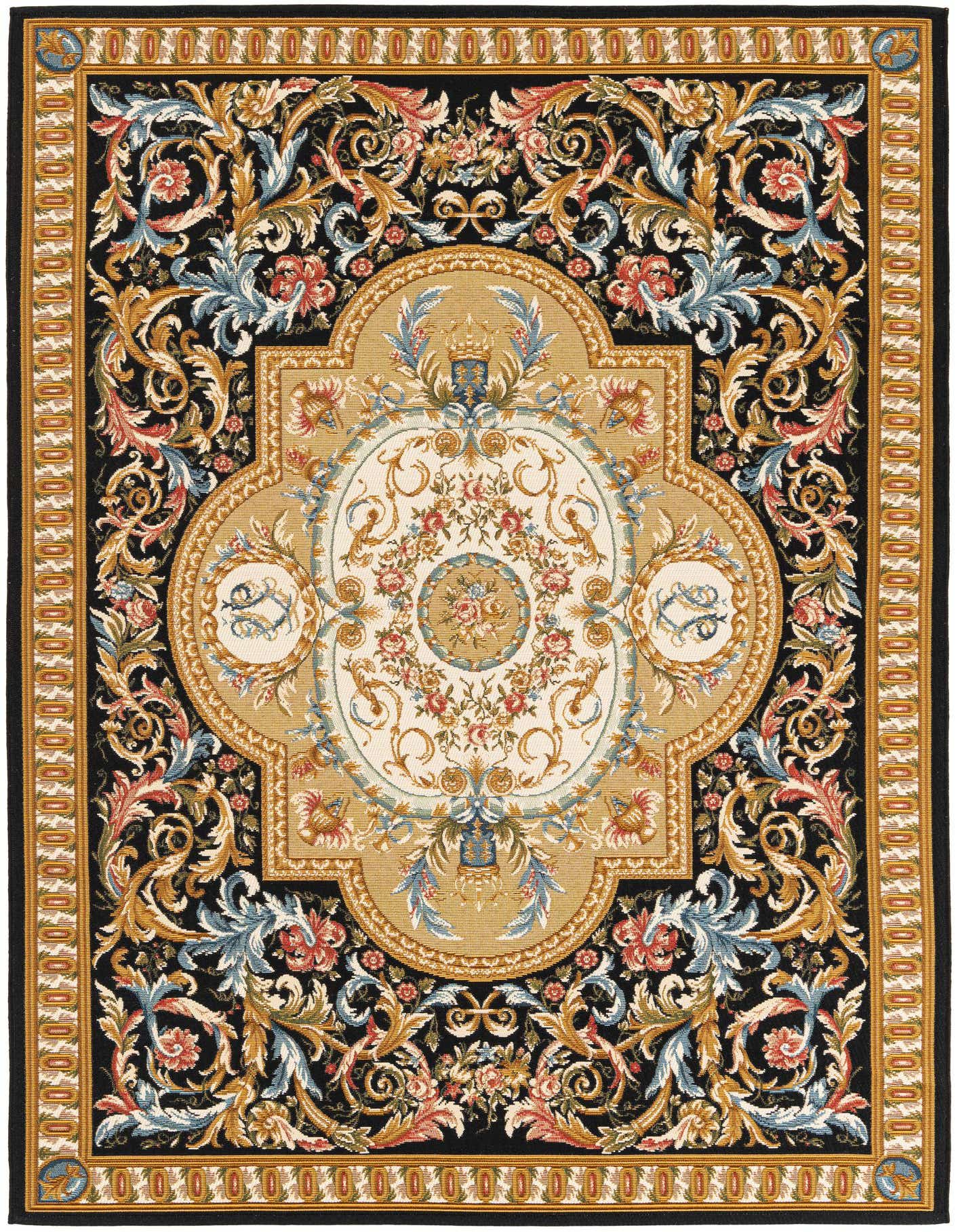 A 5x8 rectangular black rug with a central medallion and intricate floral and scroll patterns in gold, red, and blue, suitable for indoor or outdoor use.