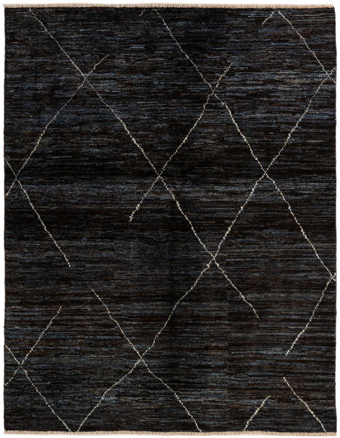 A 4x6 rectangular black and blue wool rug with a tribal geometric pattern, ideal for a living room.