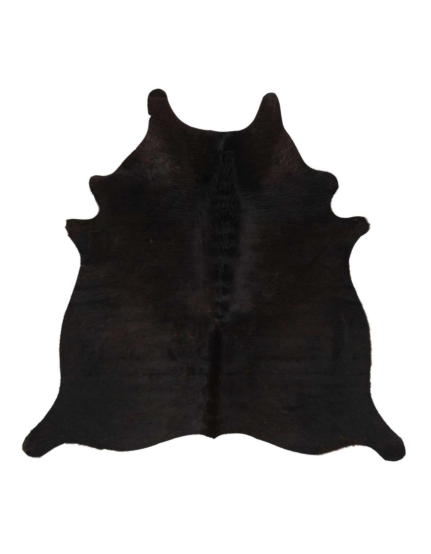 A 4' 9 x 4' 11 black and brown cowhide leather rug with an irregular, natural shape, suitable for modern indoor spaces.