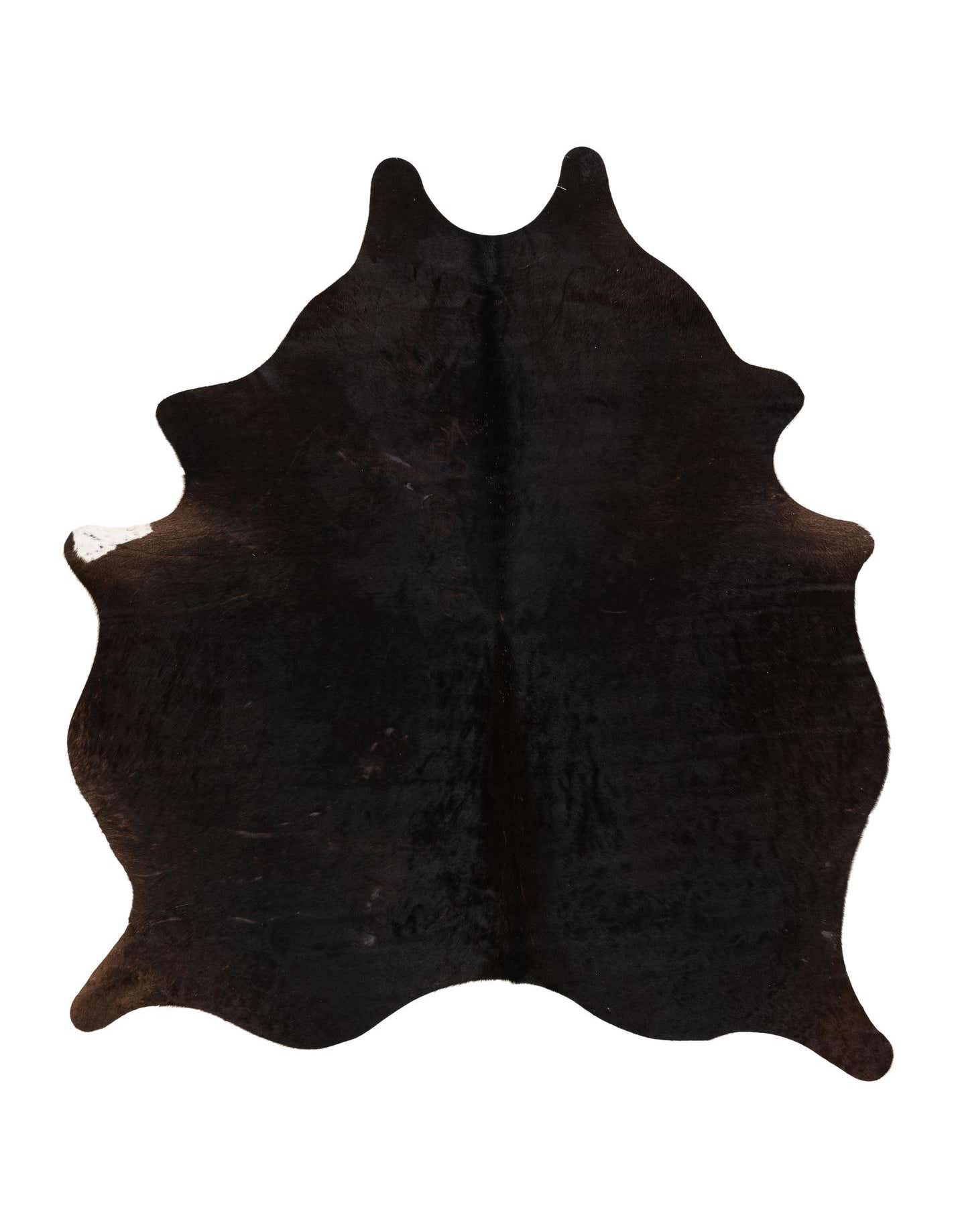 A 5x7 black cowhide rug with an irregular, natural shape and a small white patch.