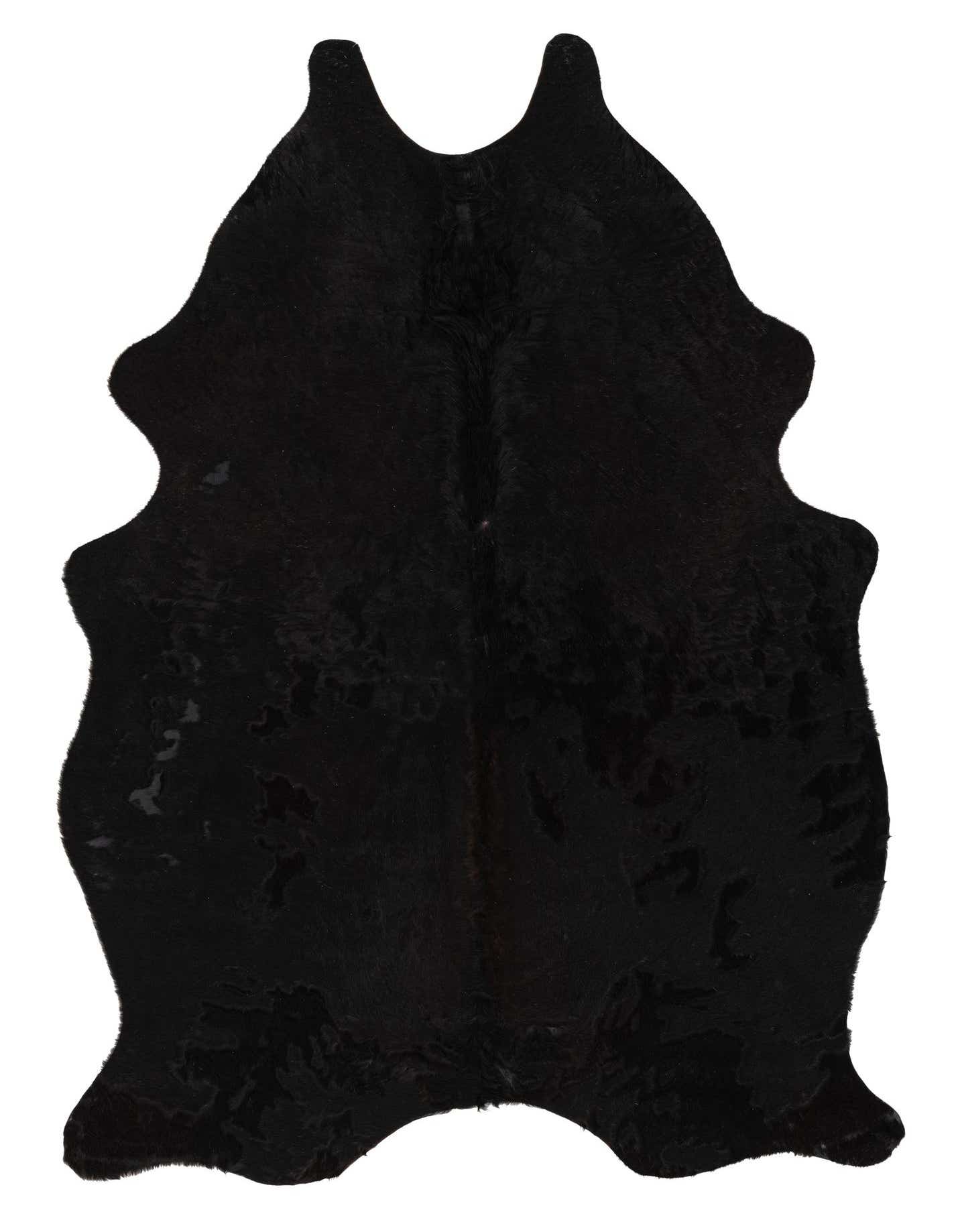 A 4x6 black cowhide leather rug with a natural, irregular shape, showcasing its textured, flat pile.