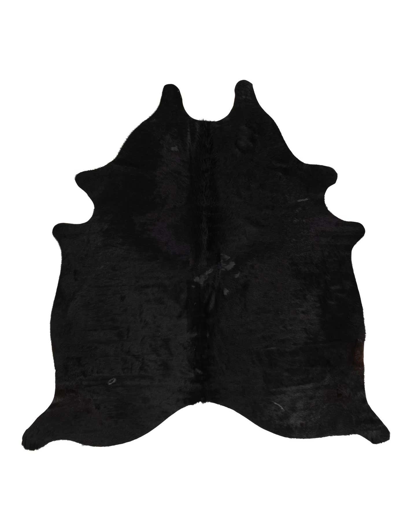 A 5x7 rectangular black cowhide rug with a natural, irregular shape and flat pile, suitable for modern indoor spaces.