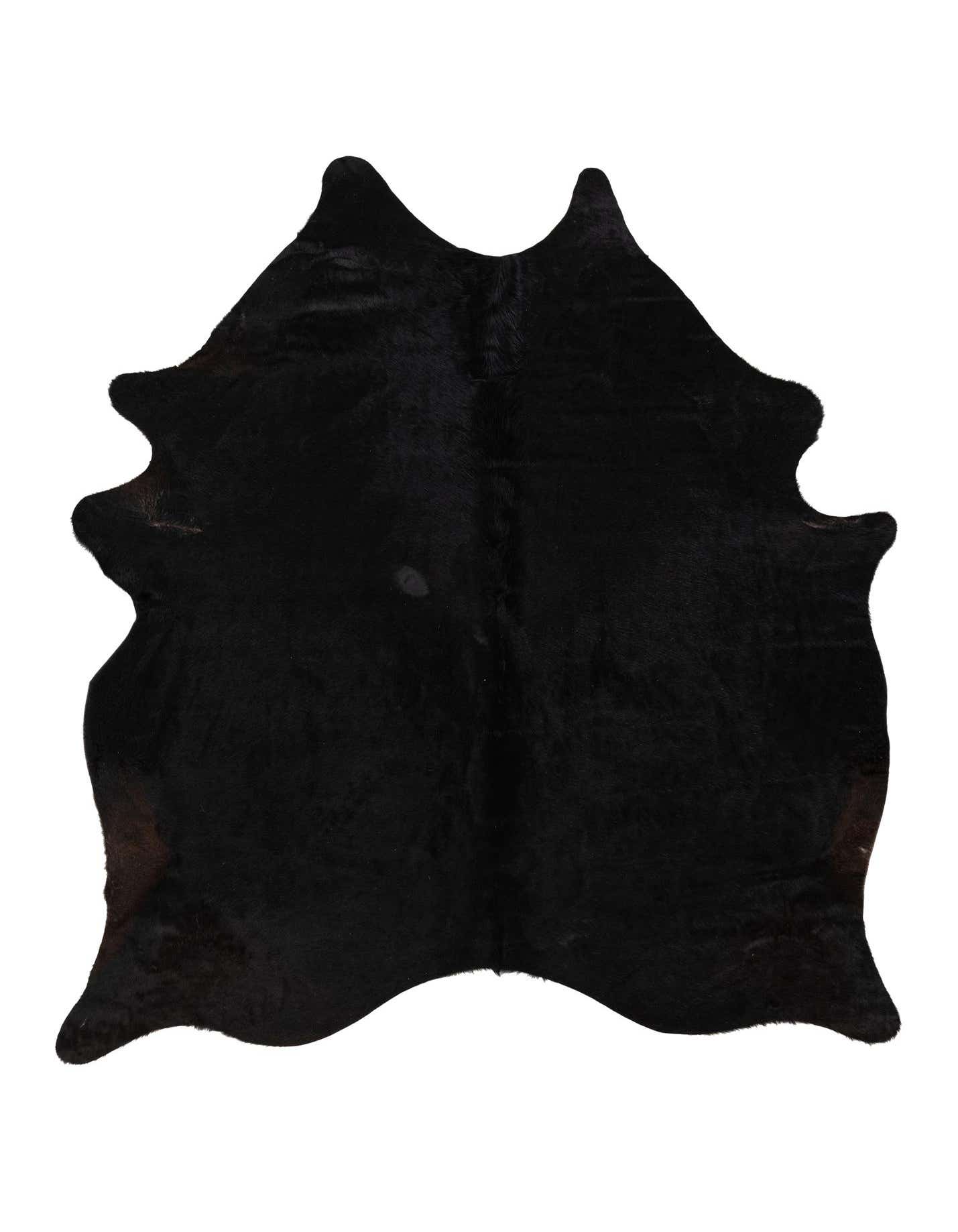 A 5x8 rectangular black cowhide rug with a natural, irregular shape and flat, textured pile.