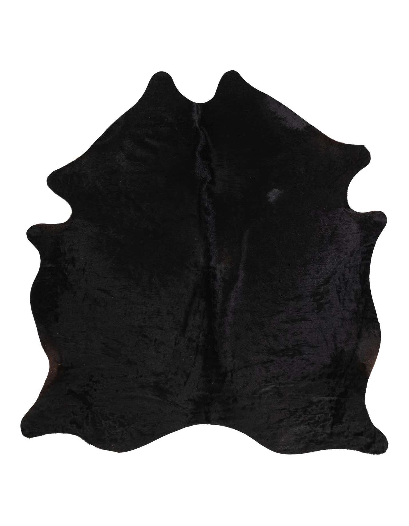 A 6x9 rectangular black cowhide rug with a natural, irregular shape and flat pile, perfect for a modern living room.