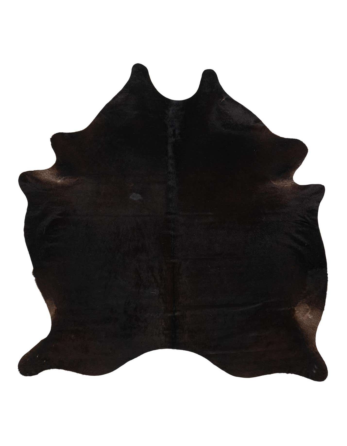 A 6x9 rectangular black cowhide rug with a natural, irregular shape, ideal for a modern living room.