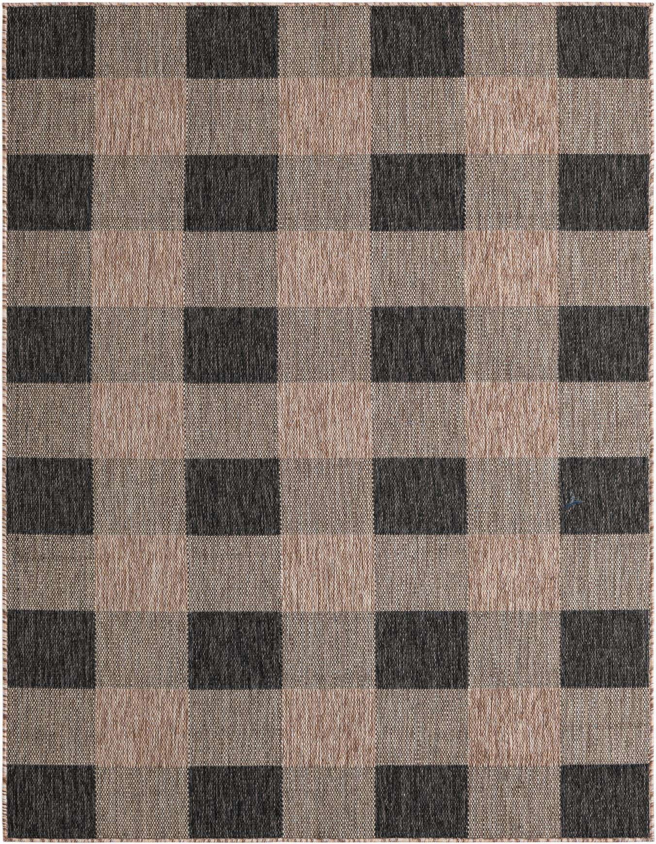 A 5x8 rectangular black and beige checkered flatweave rug, ideal for indoor or outdoor use.