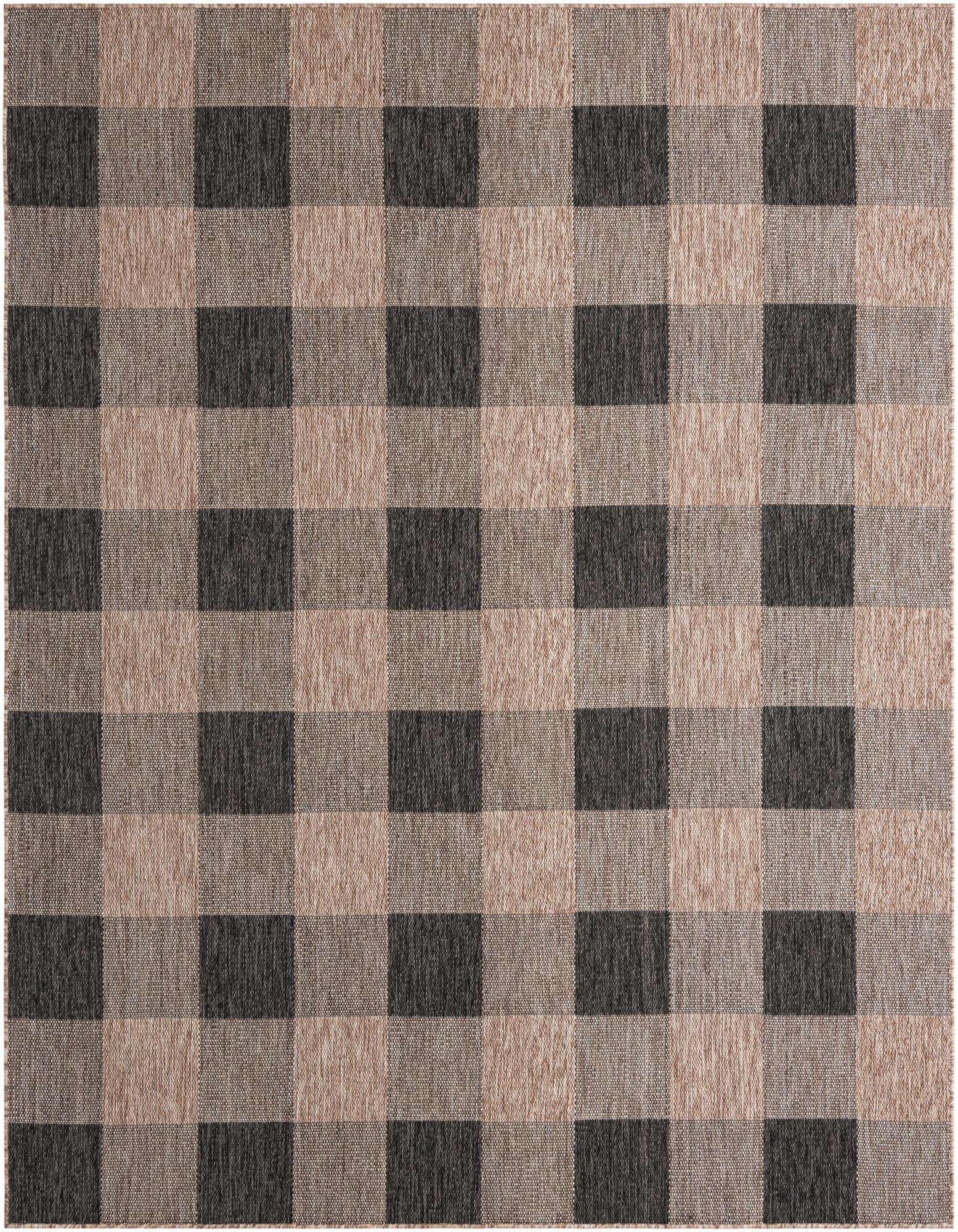A large 8x10 rectangular Rugs.com Outdoor Checkered rug featuring a modern black and beige buffalo plaid pattern.