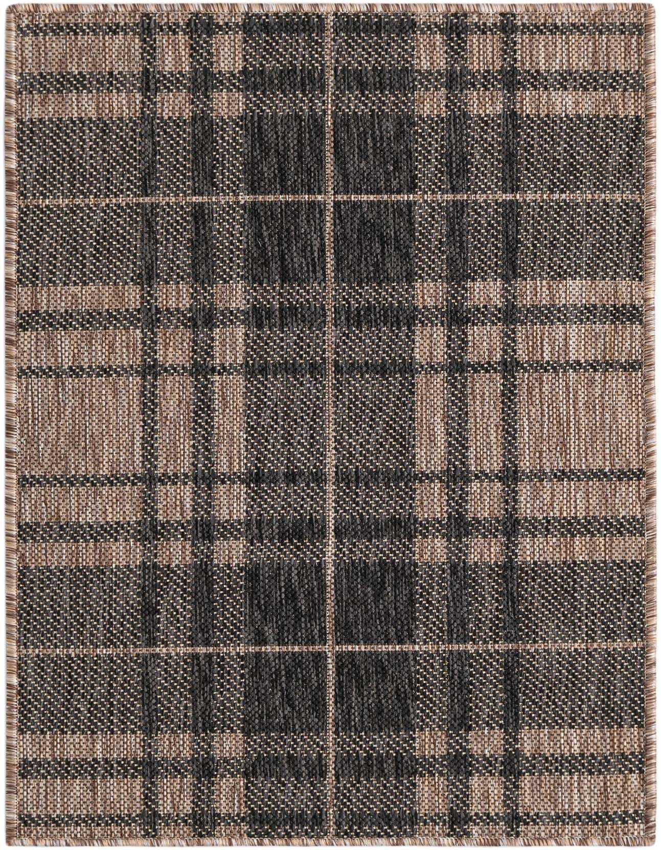 A 2x3 rectangular Rugs.com Outdoor Checkered rug featuring a modern black and brown plaid pattern with a flatweave texture.