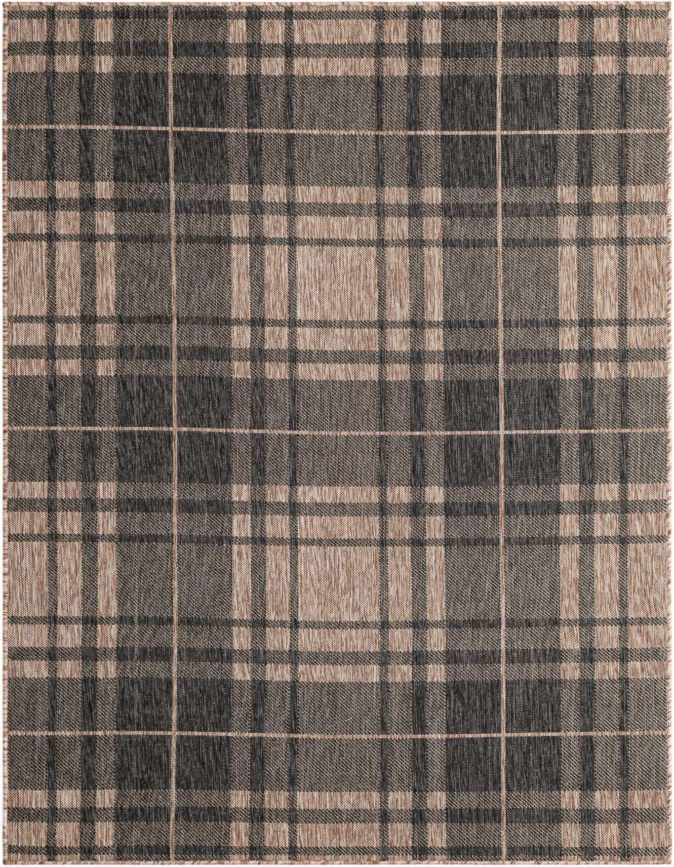 A 5x8 rectangular black and beige modern plaid rug, suitable for indoor or outdoor use.