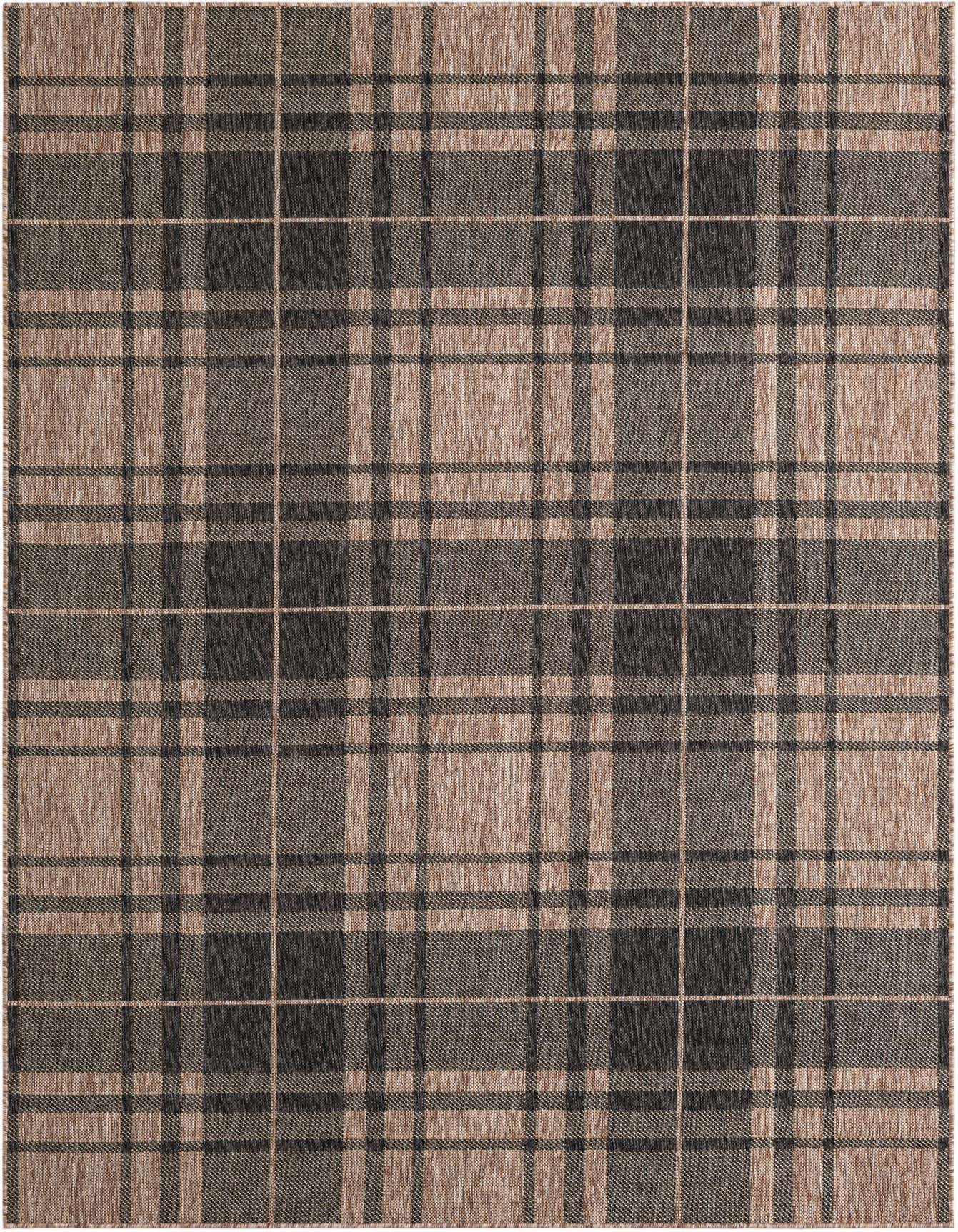 A 6x9 rectangular Rugs.com Outdoor Checkered rug featuring a modern plaid pattern in black and beige tones, suitable for indoor or outdoor use.