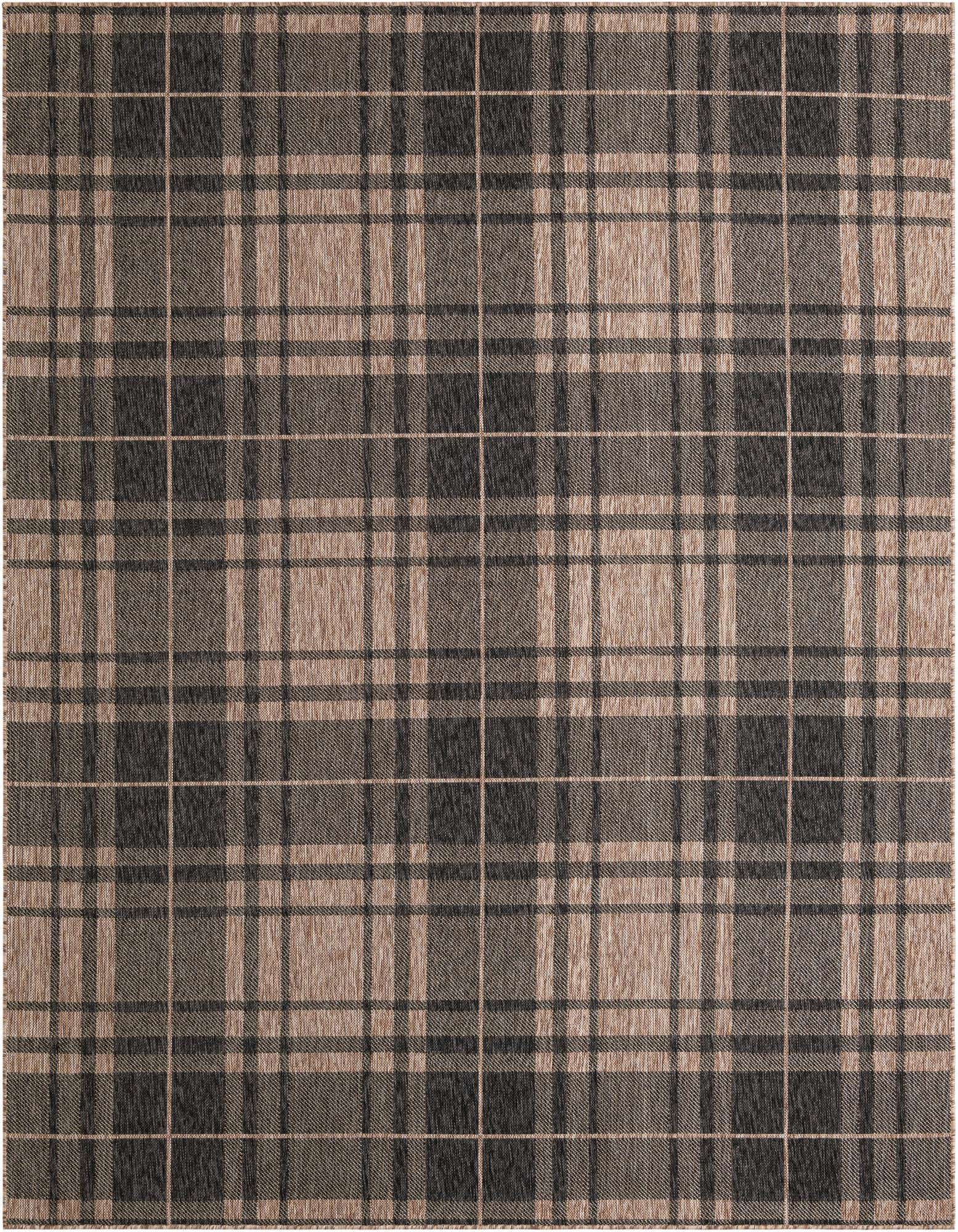 A rectangular 8x10 black and tan modern plaid rug with a textured flatweave, suitable for indoor or outdoor use.