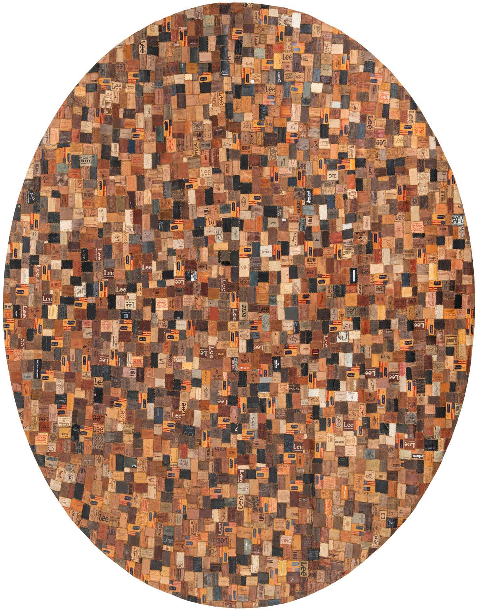 A round Rugs.com Jean Leather Tag rug, 10' 0 x 10' 0, featuring a modern abstract pattern of black and brown recycled leather patches.