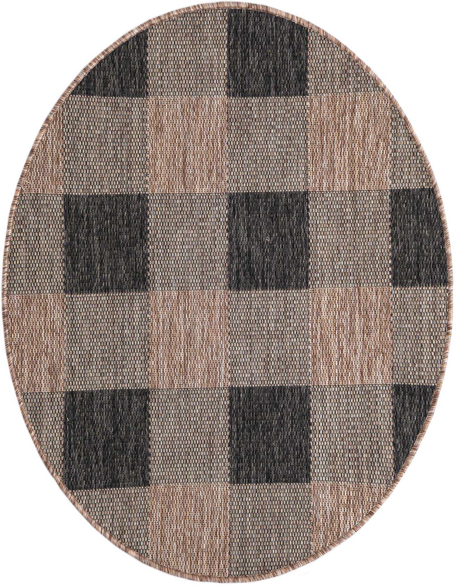 A 3' round black and brown checkered indoor/outdoor rug with a flatweave texture, suitable for a patio.