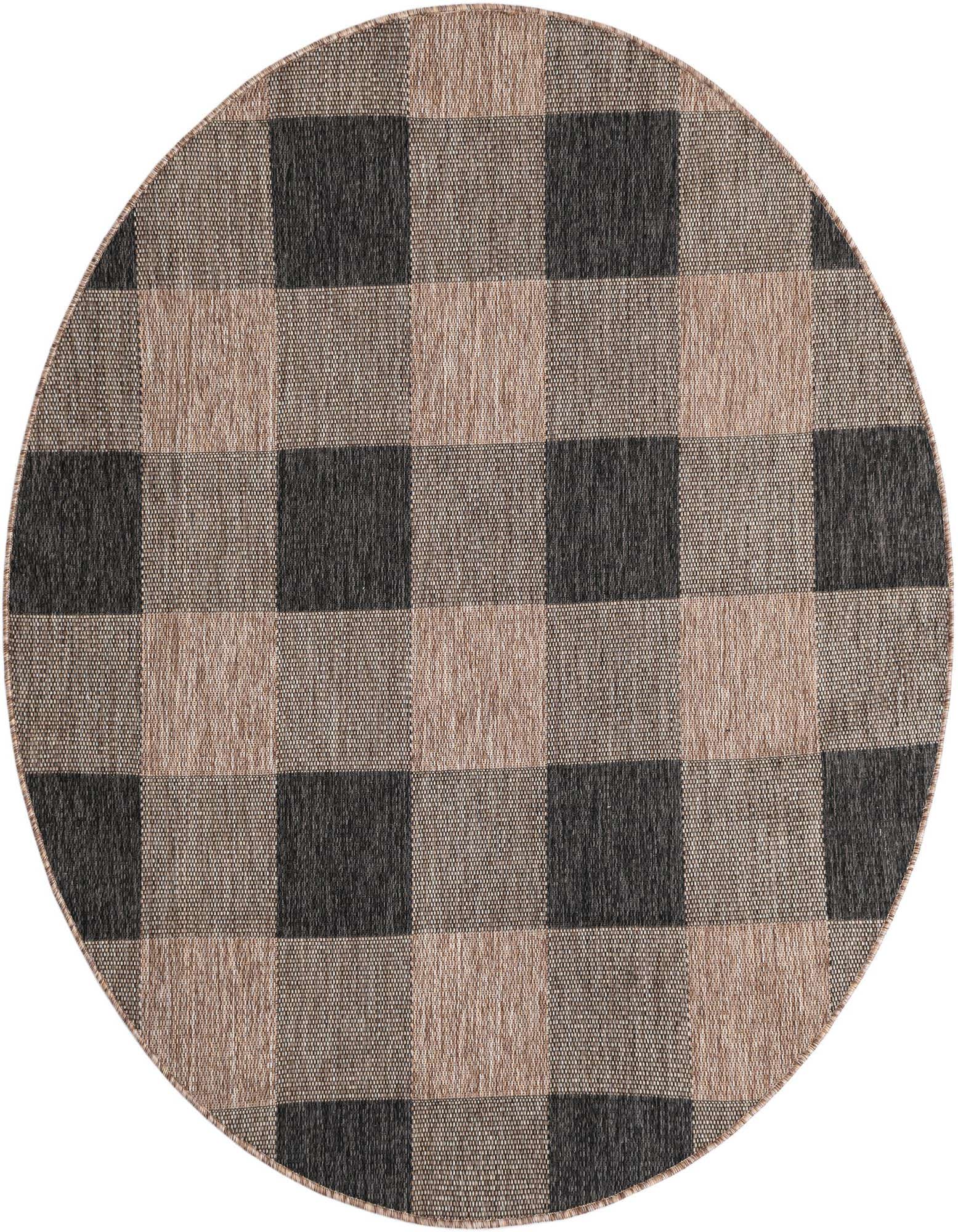 A 6' round black and brown checkered rug with a flatweave texture, suitable for indoor or outdoor use.