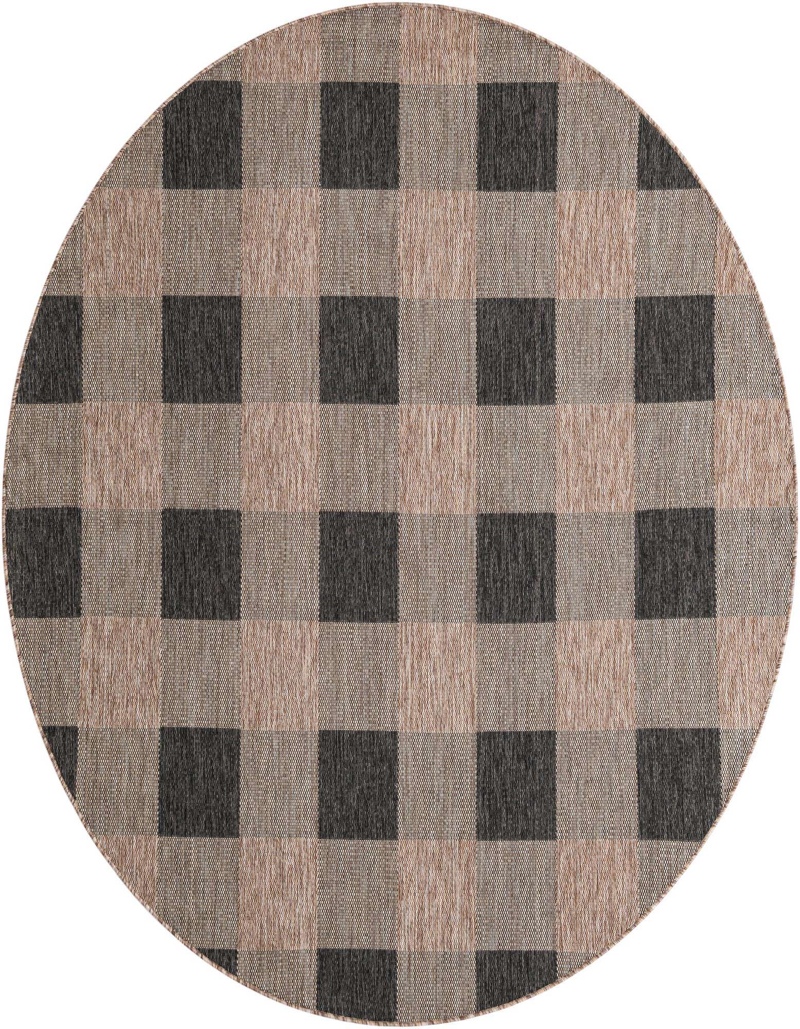 A round, flatweave rug featuring a modern checkered pattern in varying shades of black and brown, suitable for indoor or outdoor use.