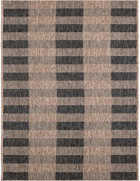 A 12 ft runner rug with a modern checkered pattern in varying shades of black and brown, suitable for a hallway or patio.