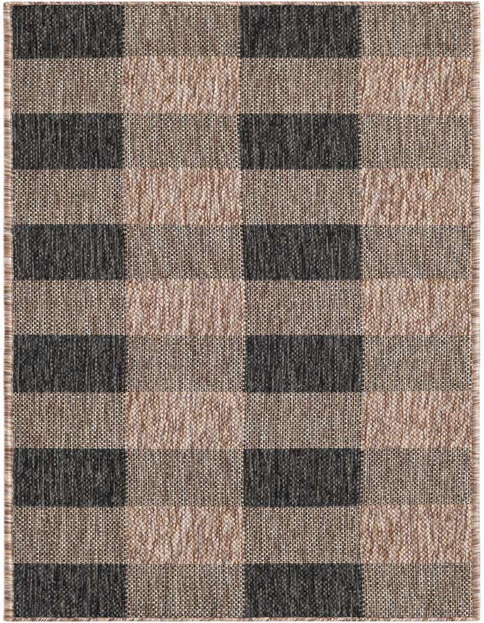 A 6 ft runner rug with a modern checkered pattern in varying shades of black and tan, suitable for indoor/outdoor use.