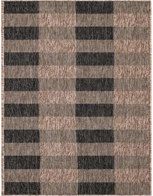 An 8 ft runner rug with a modern checkered pattern in varying shades of black and brown, suitable for indoor or outdoor use.