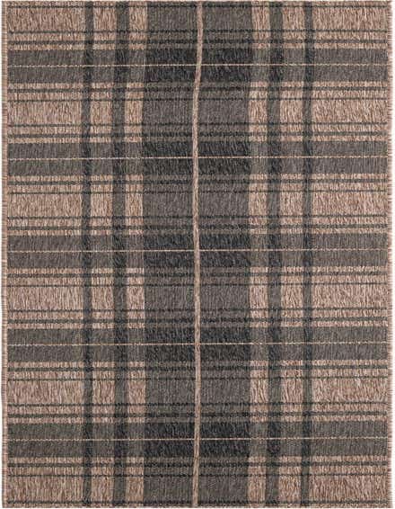A 12 ft runner rug featuring a modern black and tan checkered plaid pattern, suitable for hallways or patios.