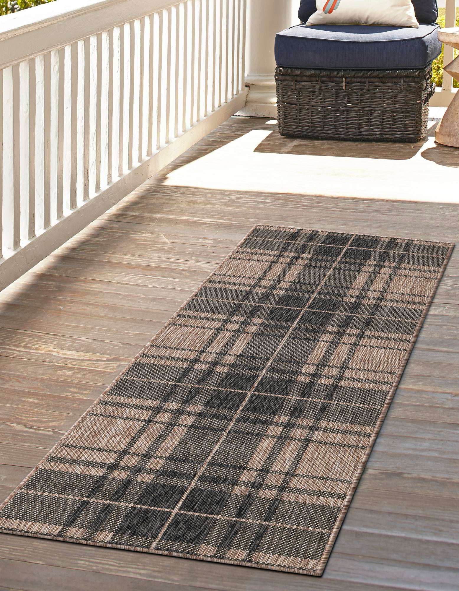 Black and Brown 2' x 8' Checkered Indoor / Outdoor Runner Rug | Rugs.com